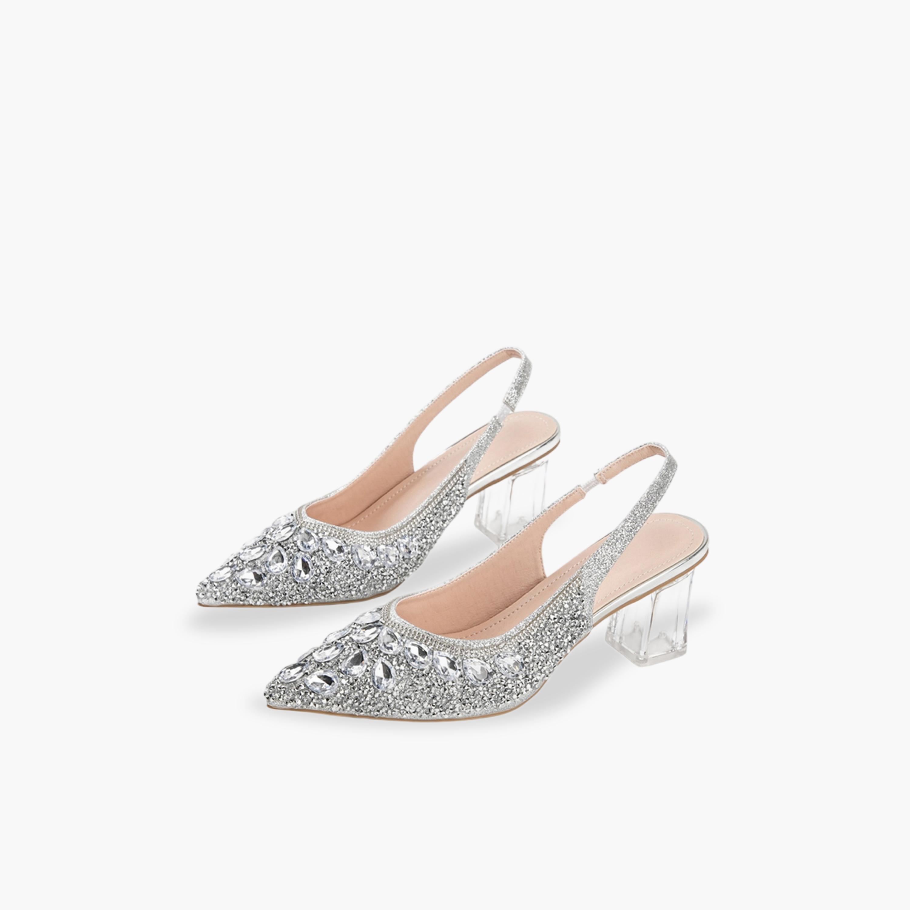 صندل بكعب عالي بحزام خلفي ومقدمة مدببة مزين بحجر الراين باللون الفضي-women-shoes-heels-image-1