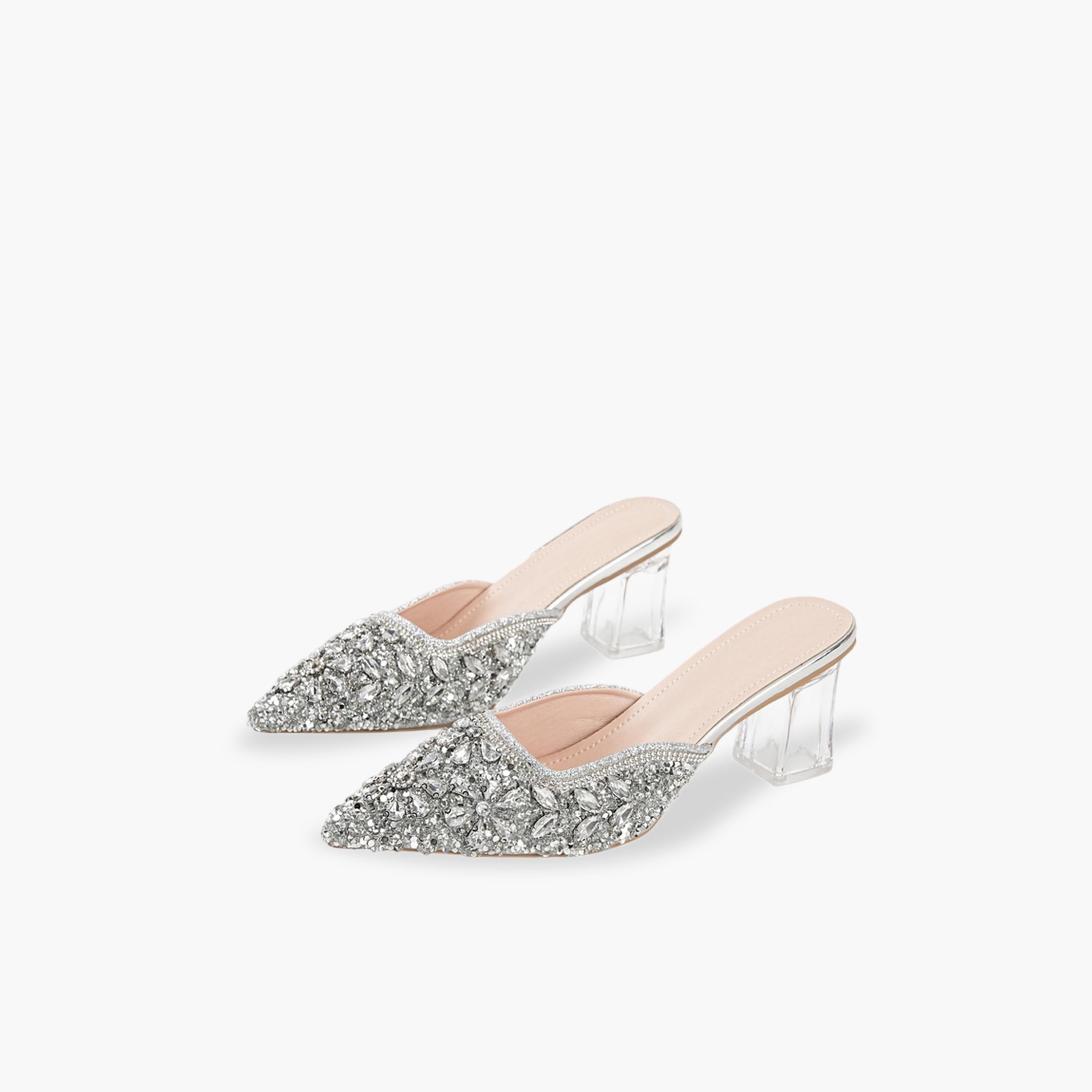 صندل بكعب عريض ومقدمة مدببة مزين بحجر الراين باللون الفضي-women-shoes-sandals-heeled-image-1