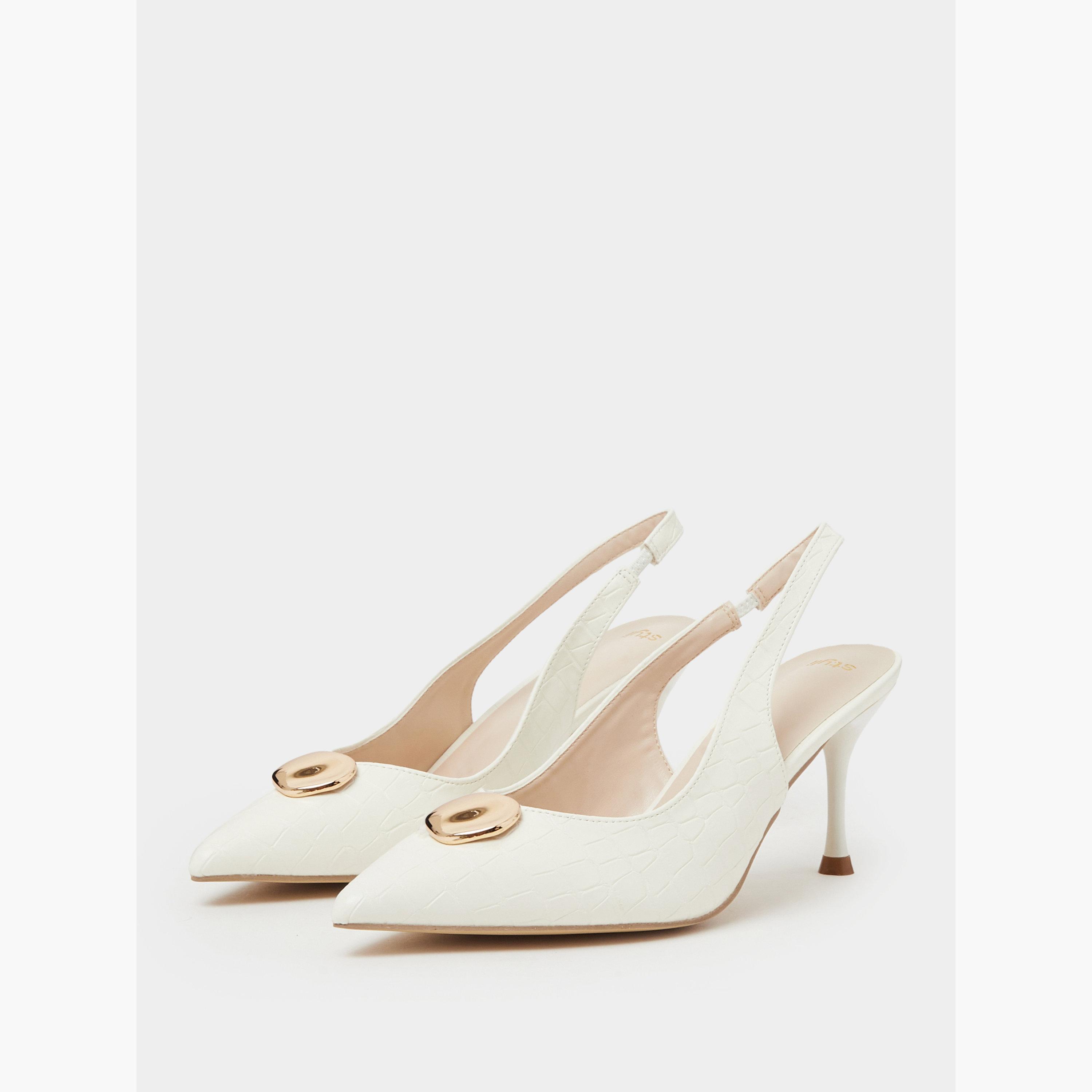 Styli White Croc-Embossed Gold Detail High-Heel Slingbacks-women-shoes-heels-image-1