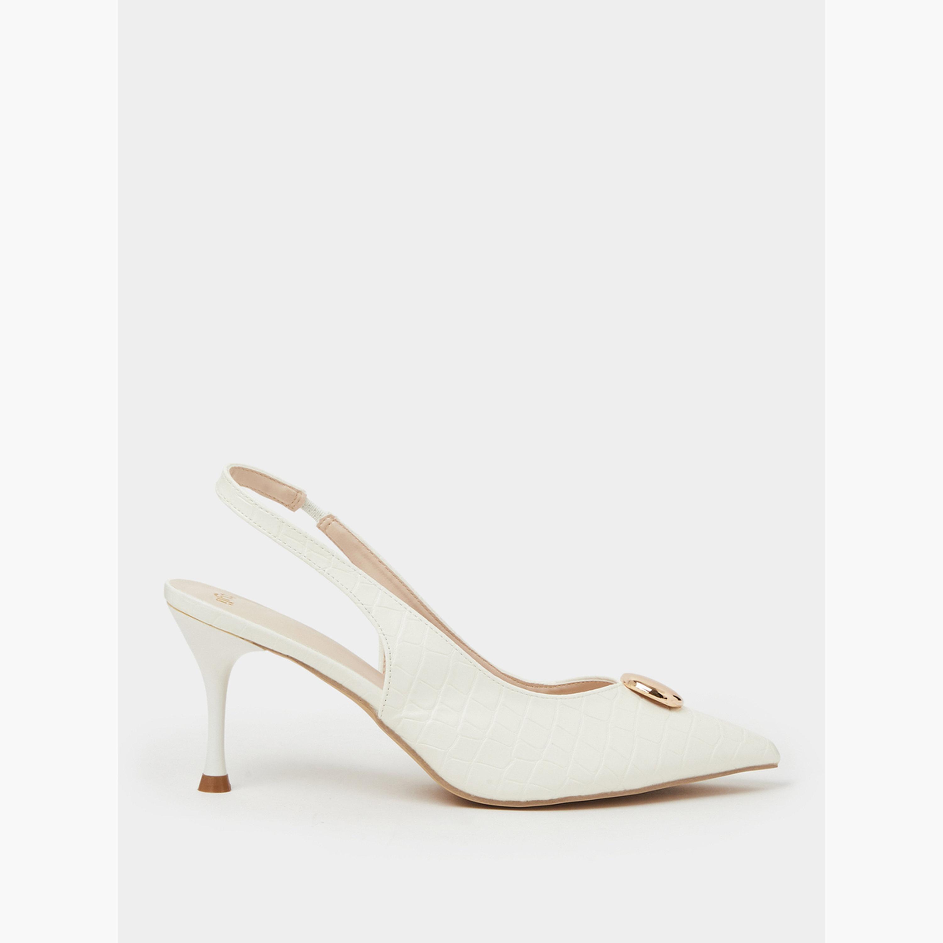 Styli White Croc-Embossed Gold Detail High-Heel Slingbacks-women-shoes-heels-image-3