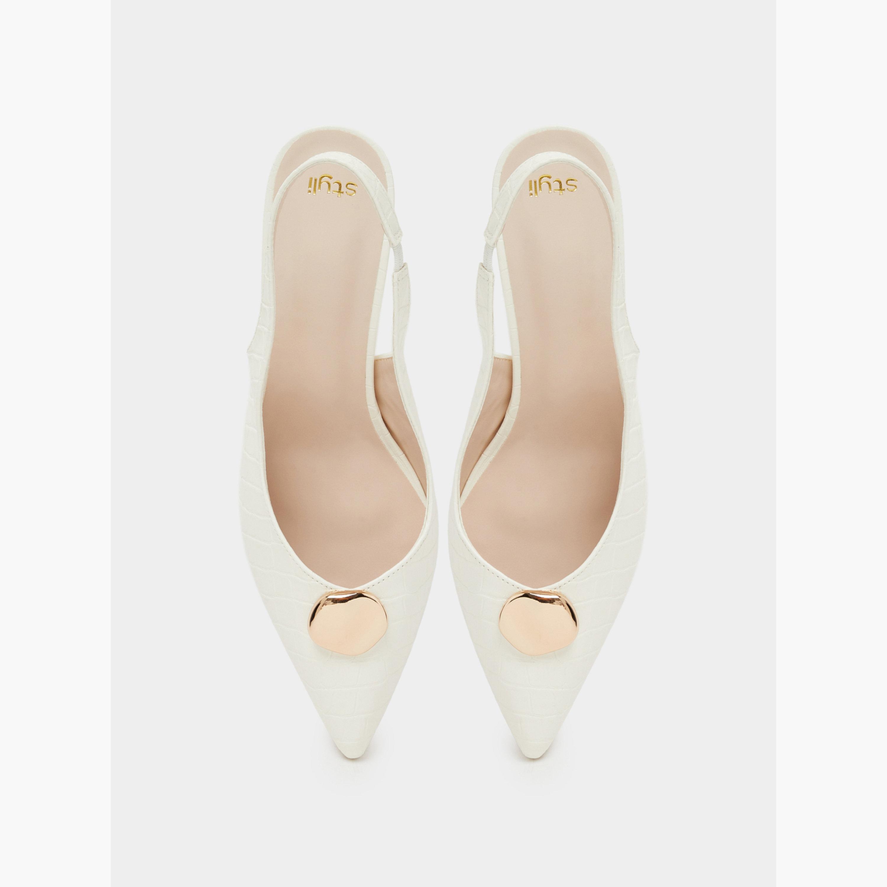 Styli White Croc-Embossed Gold Detail High-Heel Slingbacks-women-shoes-heels-image-4