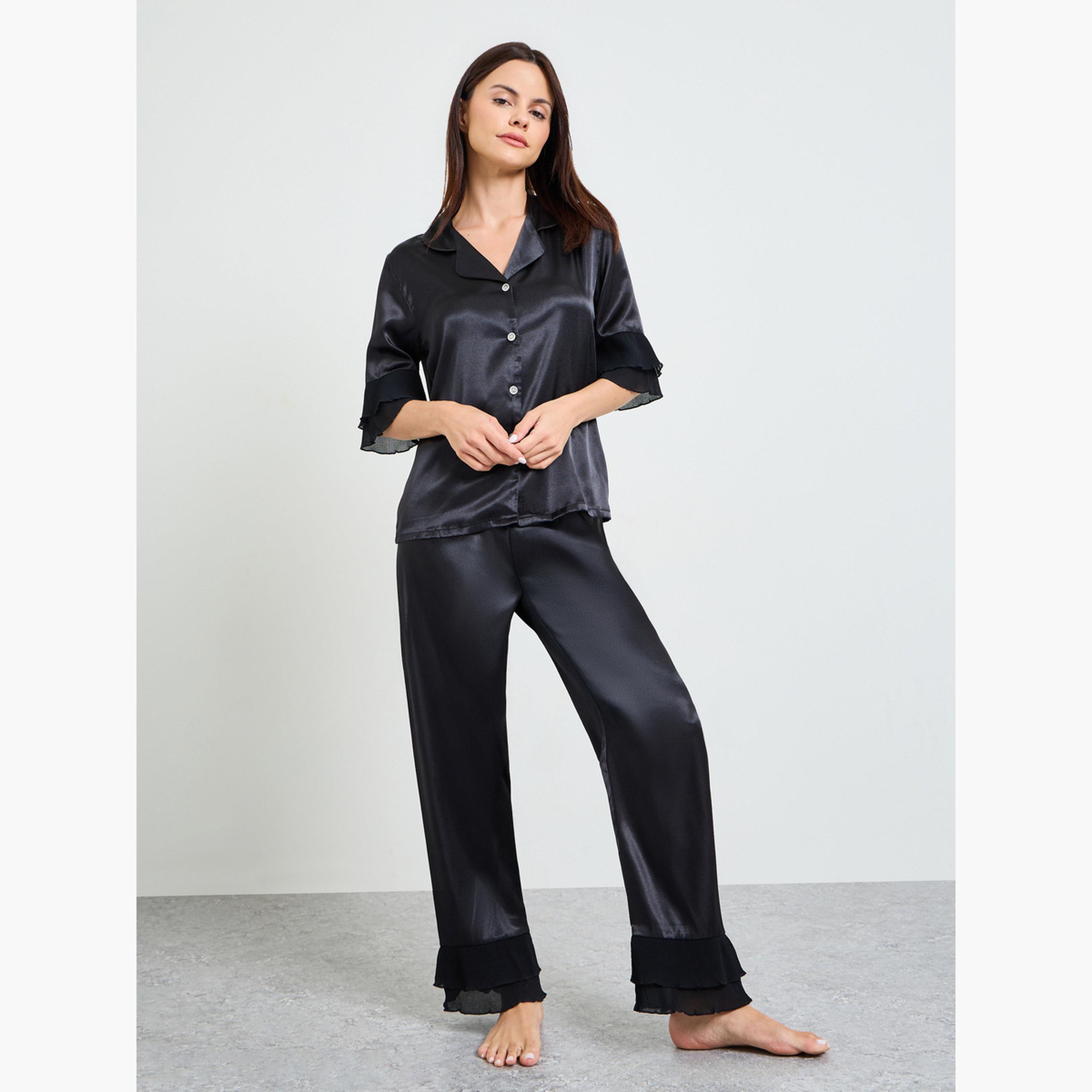 طقم بيجاما ستان من بنطال وقميص بكشكشة لون أسود-women-clothing-nightwear-pyjamas-longsets-image-1