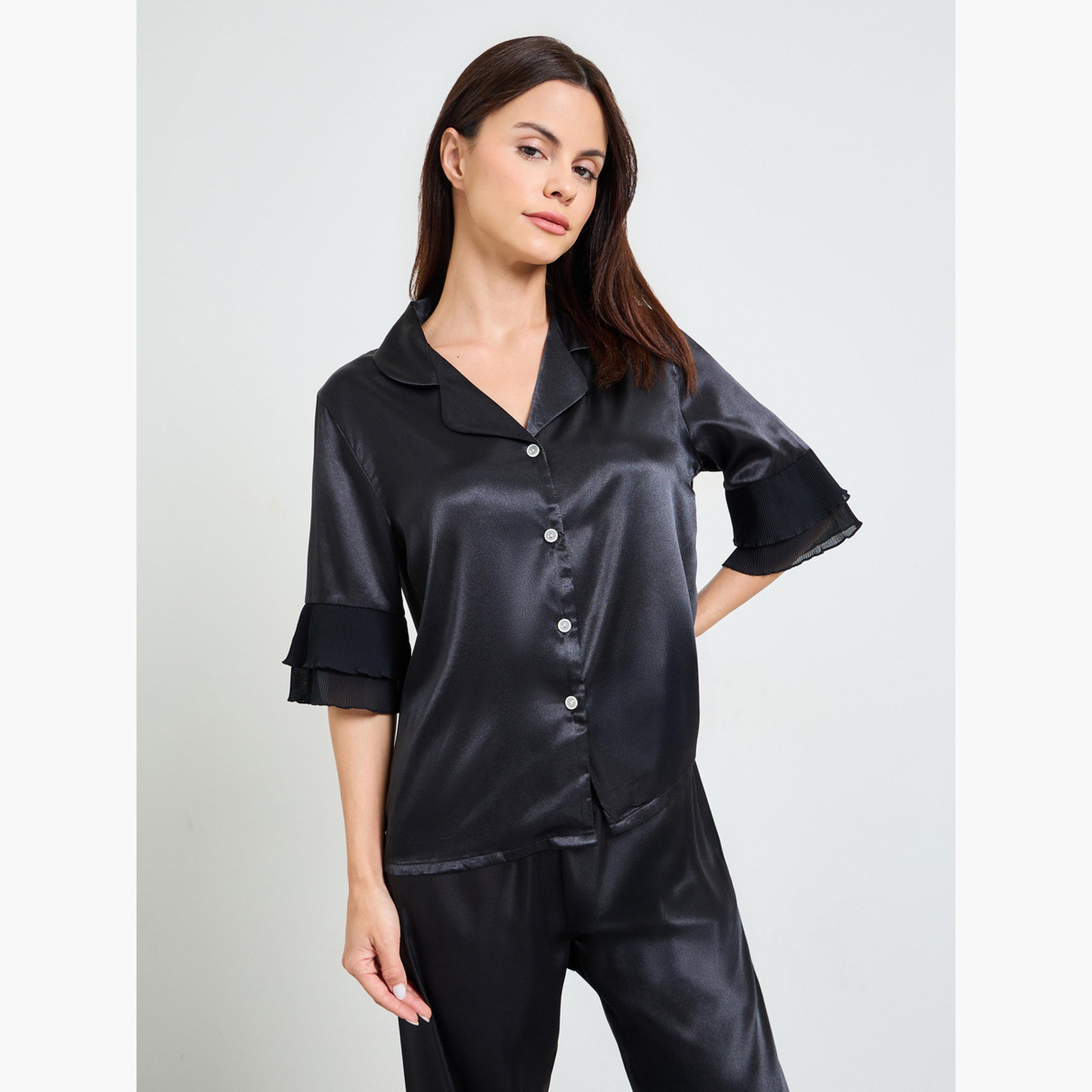 طقم بيجاما ستان من بنطال وقميص بكشكشة لون أسود-women-clothing-nightwear-pyjamas-longsets-image-2