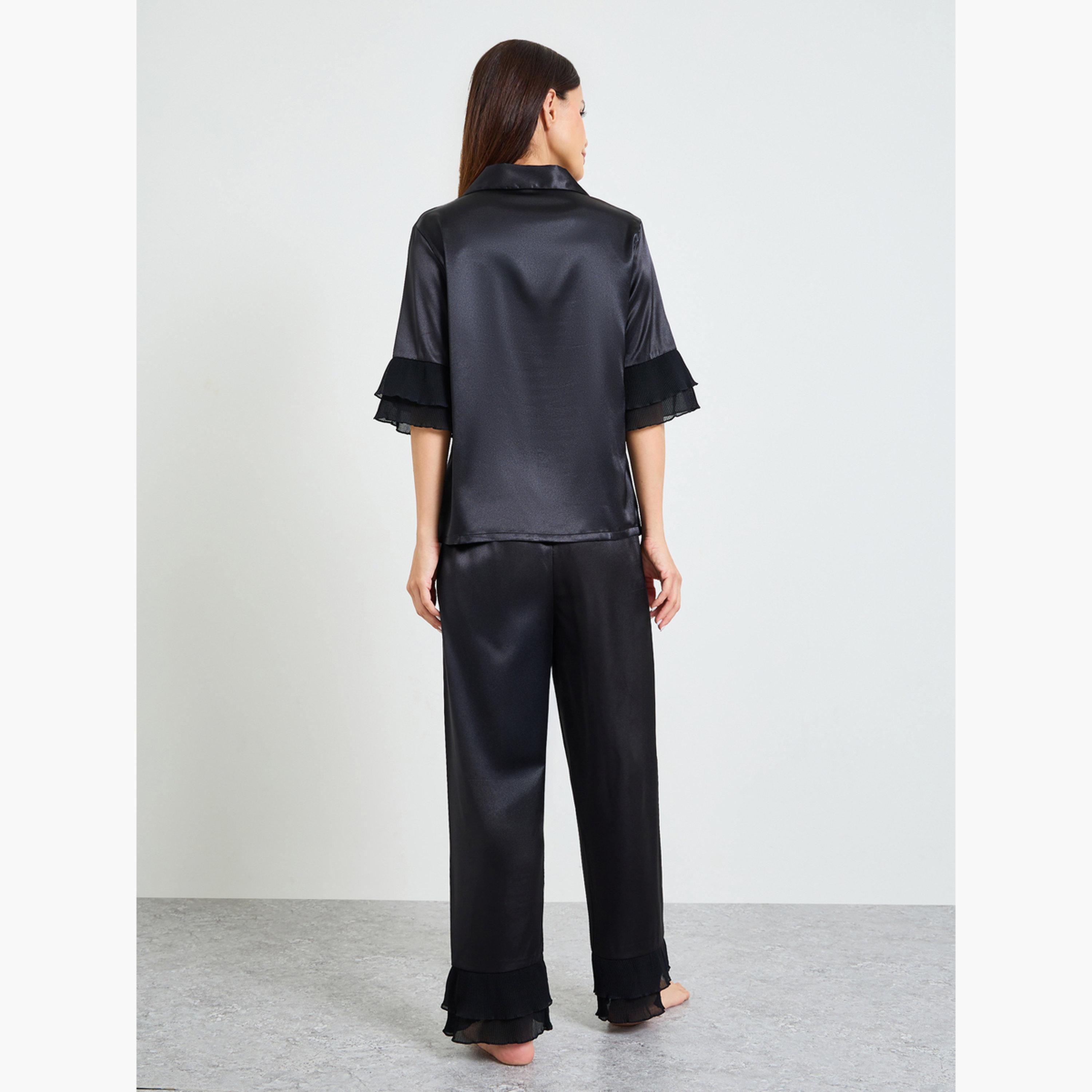 طقم بيجاما ستان من بنطال وقميص بكشكشة لون أسود-women-clothing-nightwear-pyjamas-longsets-image-3