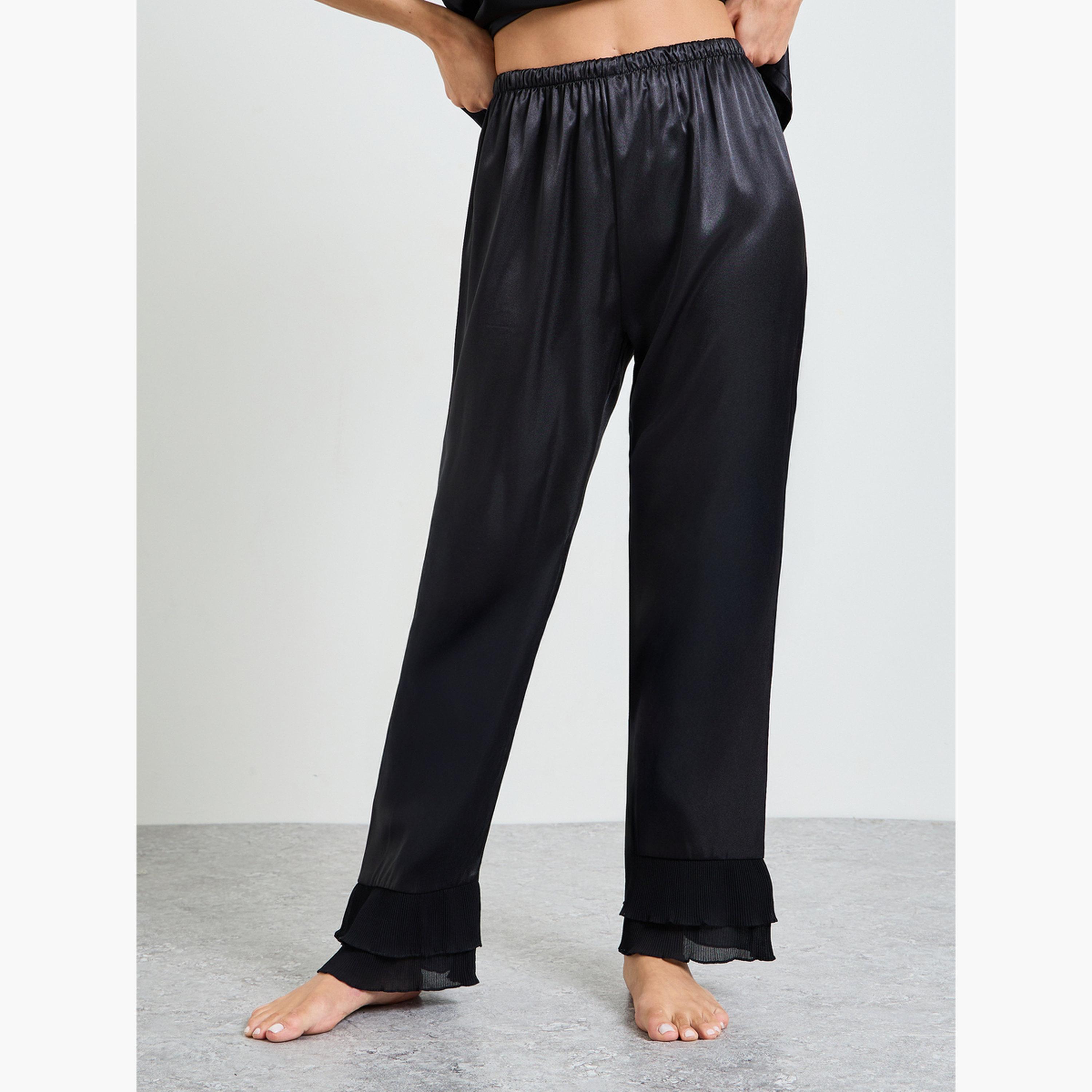 طقم بيجاما ستان من بنطال وقميص بكشكشة لون أسود-women-clothing-nightwear-pyjamas-longsets-image-4