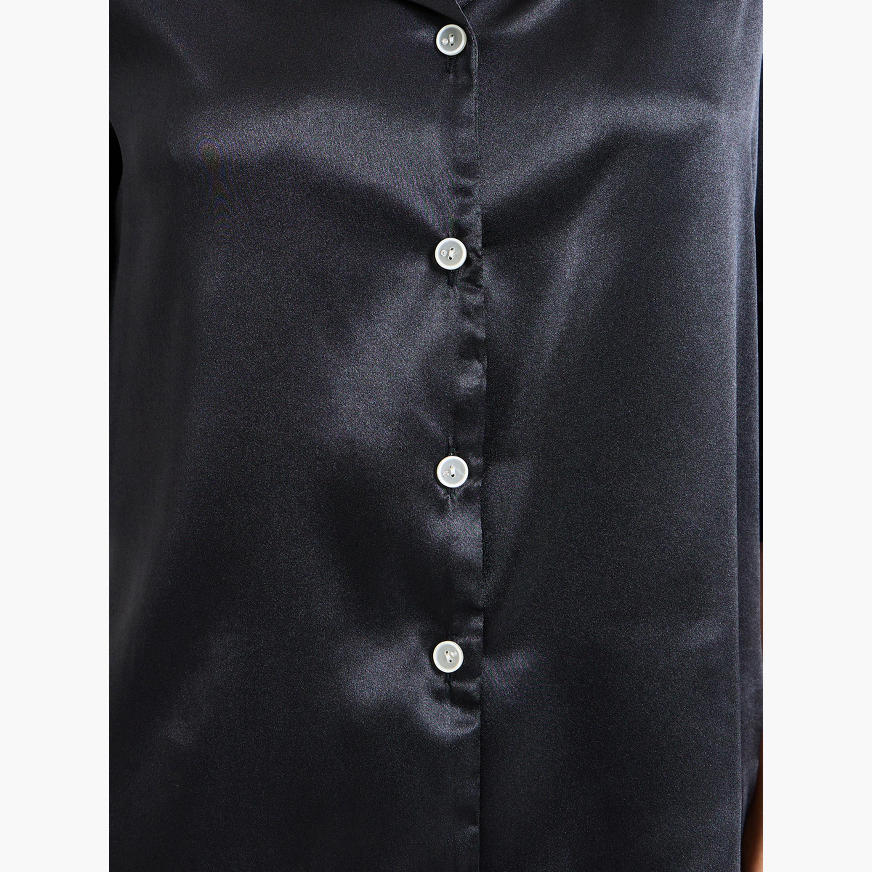 طقم بيجاما ستان من بنطال وقميص بكشكشة لون أسود-women-clothing-nightwear-pyjamas-longsets-image-5