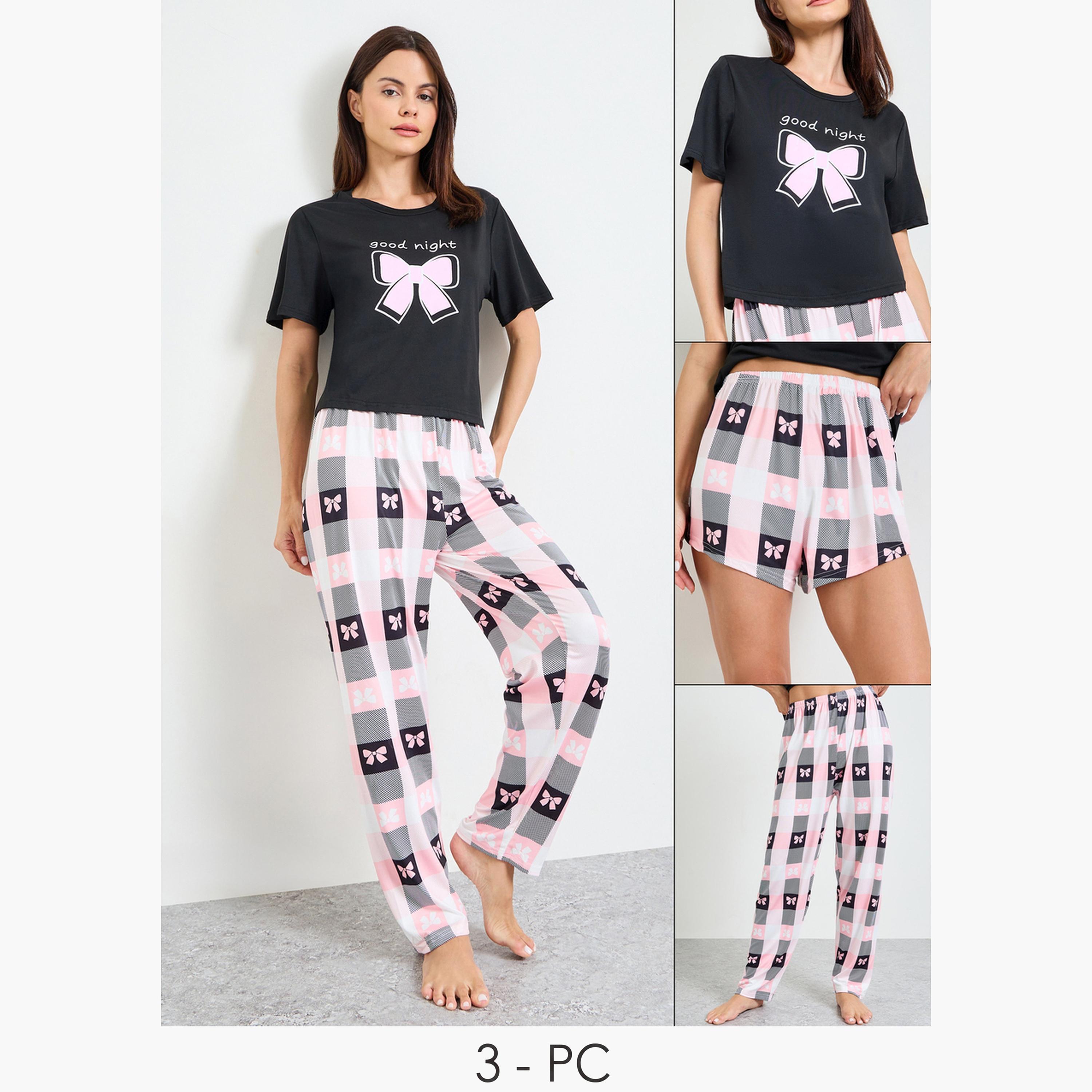 Take Two Pack of 3 - Bow Print T-Shirt, Shorts, Pajama Set-women-clothing-nightwear-pyjamas-longsets-image-1