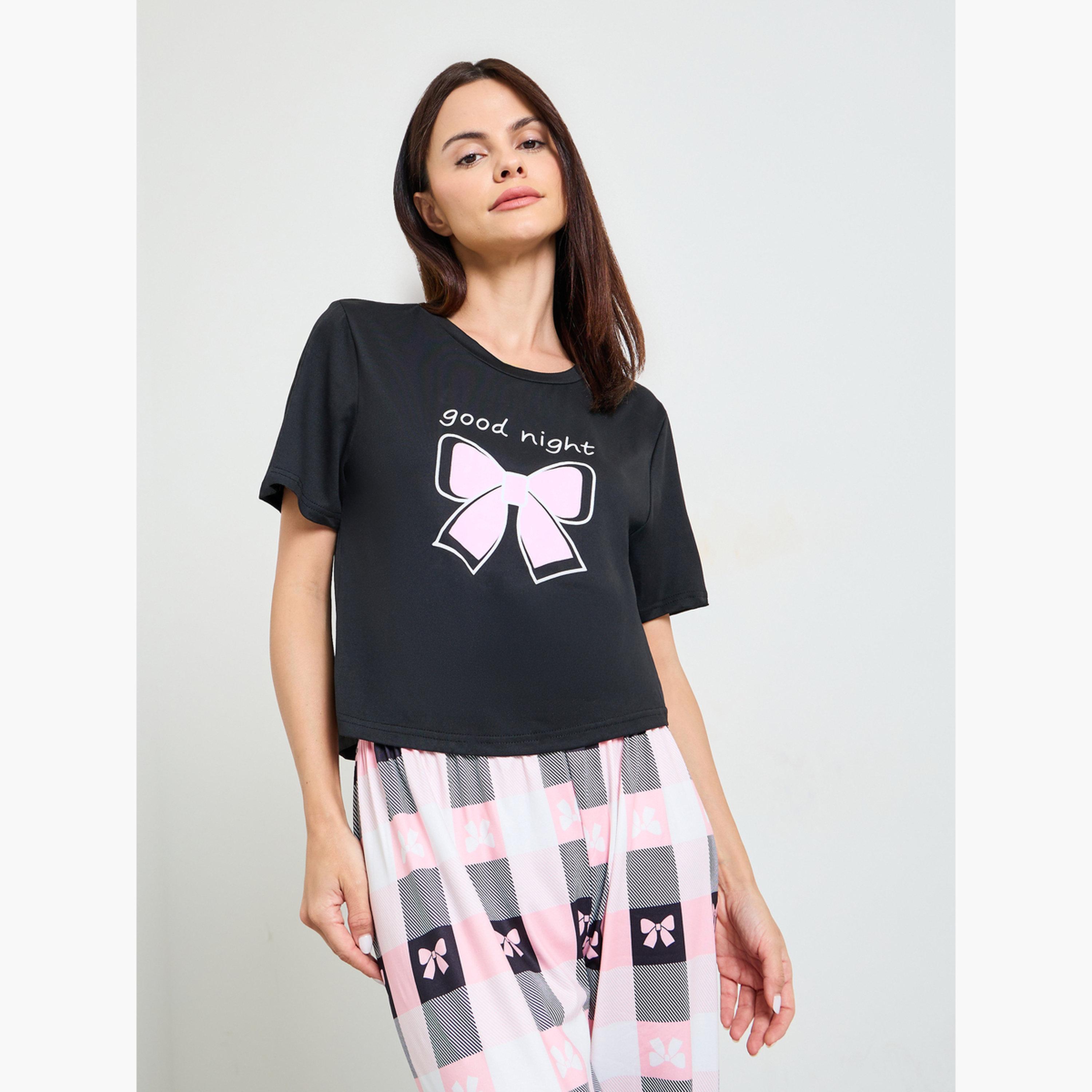 Take Two Pack of 3 - Bow Print T-Shirt, Shorts, Pajama Set-women-clothing-nightwear-pyjamas-longsets-image-4