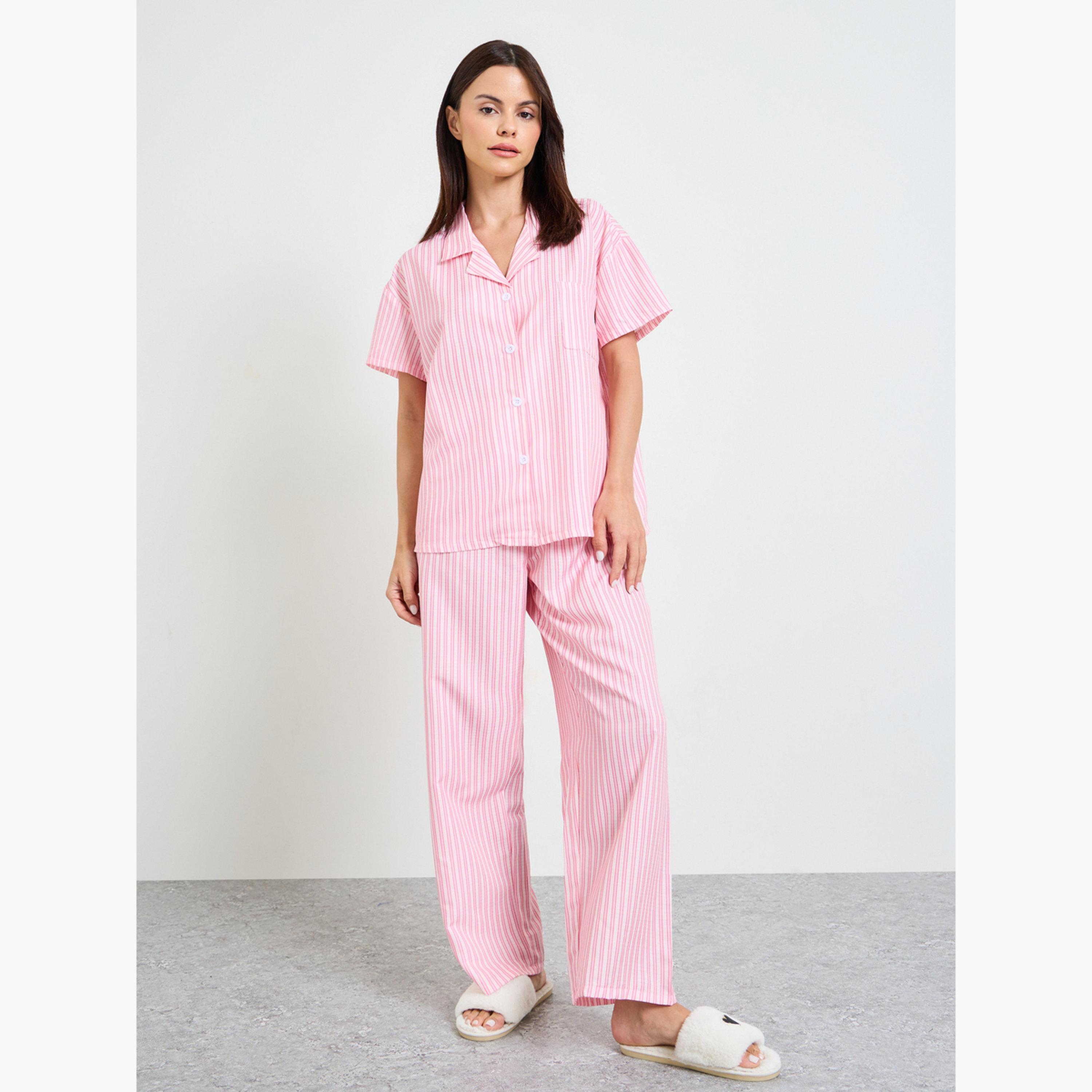 Take Two Pink Striped Short Sleeves Shirt and Pants Pajama Set-women-clothing-nightwear-pyjamas-longsets-image-1