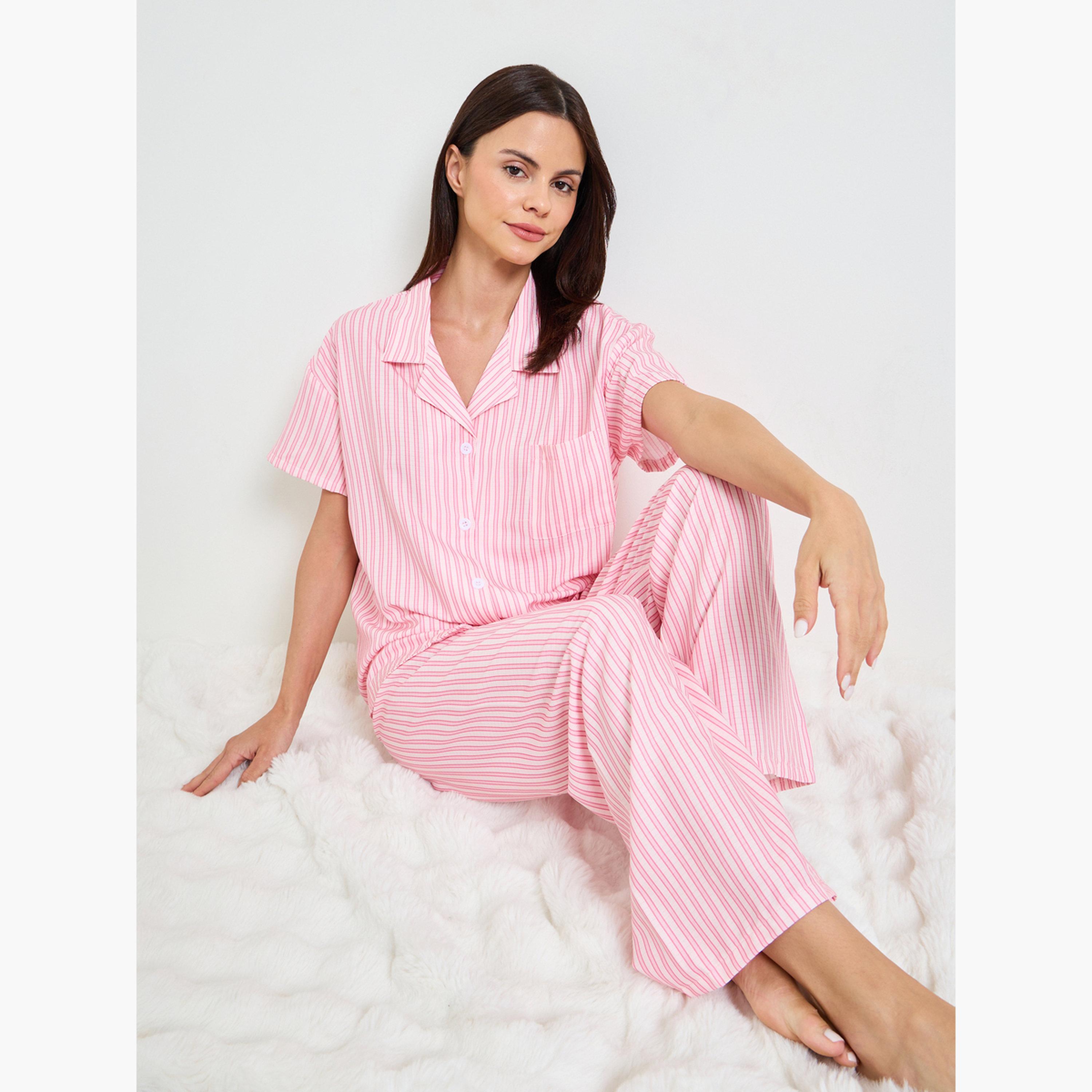طقم بيجاما من بنطال وقميص بأكمام قصيرة ونمط مخطط لون وردي-women-clothing-nightwear-pyjamas-longsets-image-2