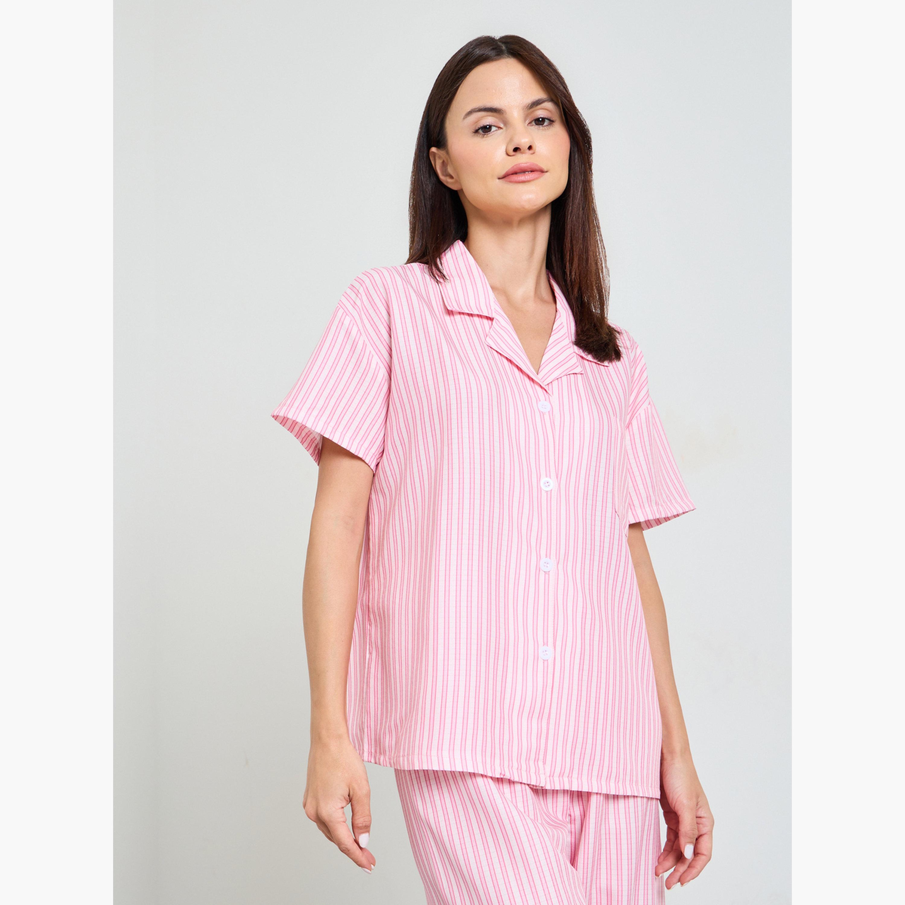 طقم بيجاما من بنطال وقميص بأكمام قصيرة ونمط مخطط لون وردي-women-clothing-nightwear-pyjamas-longsets-image-3