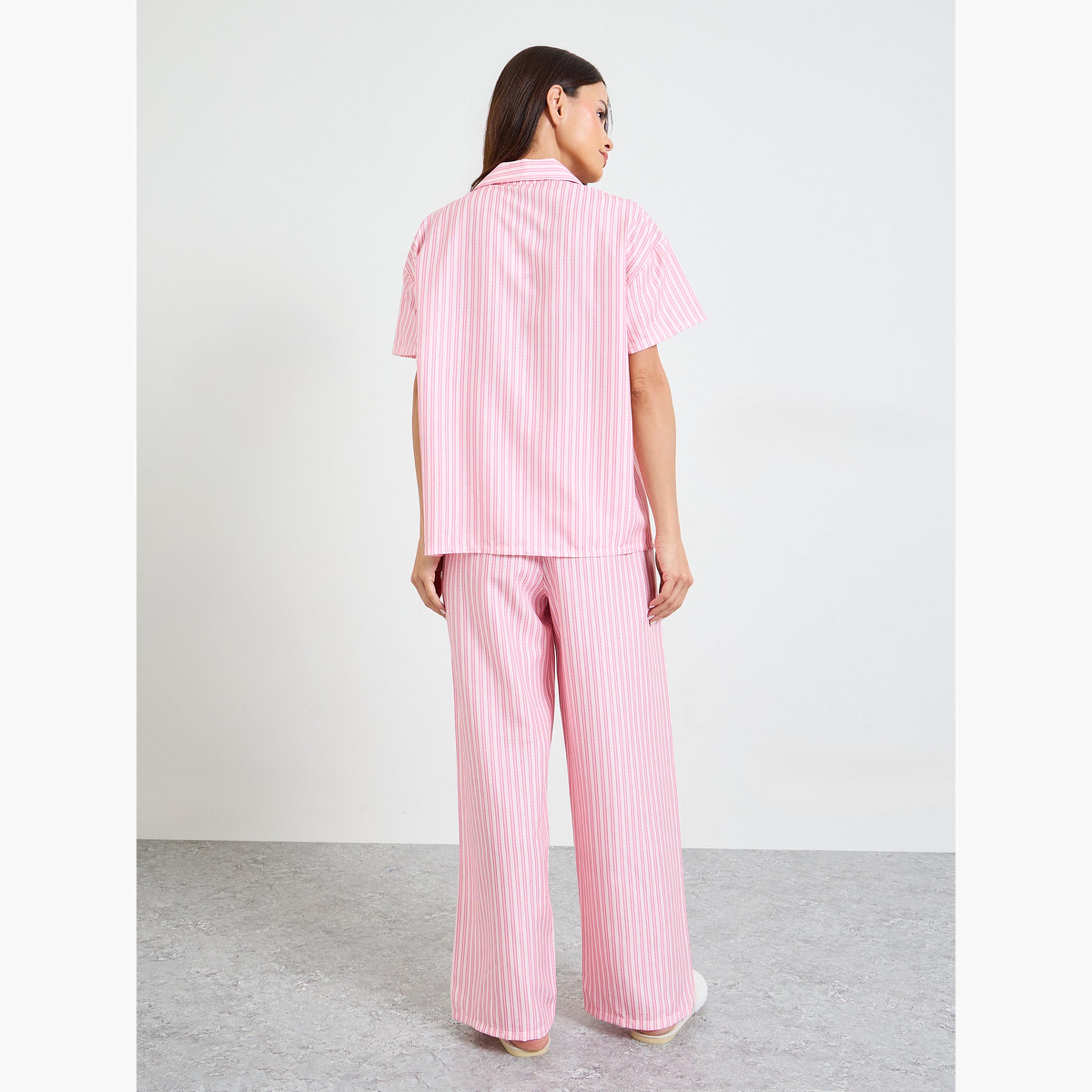 Take Two Pink Striped Short Sleeves Shirt and Pants Pajama Set-women-clothing-nightwear-pyjamas-longsets-image-4