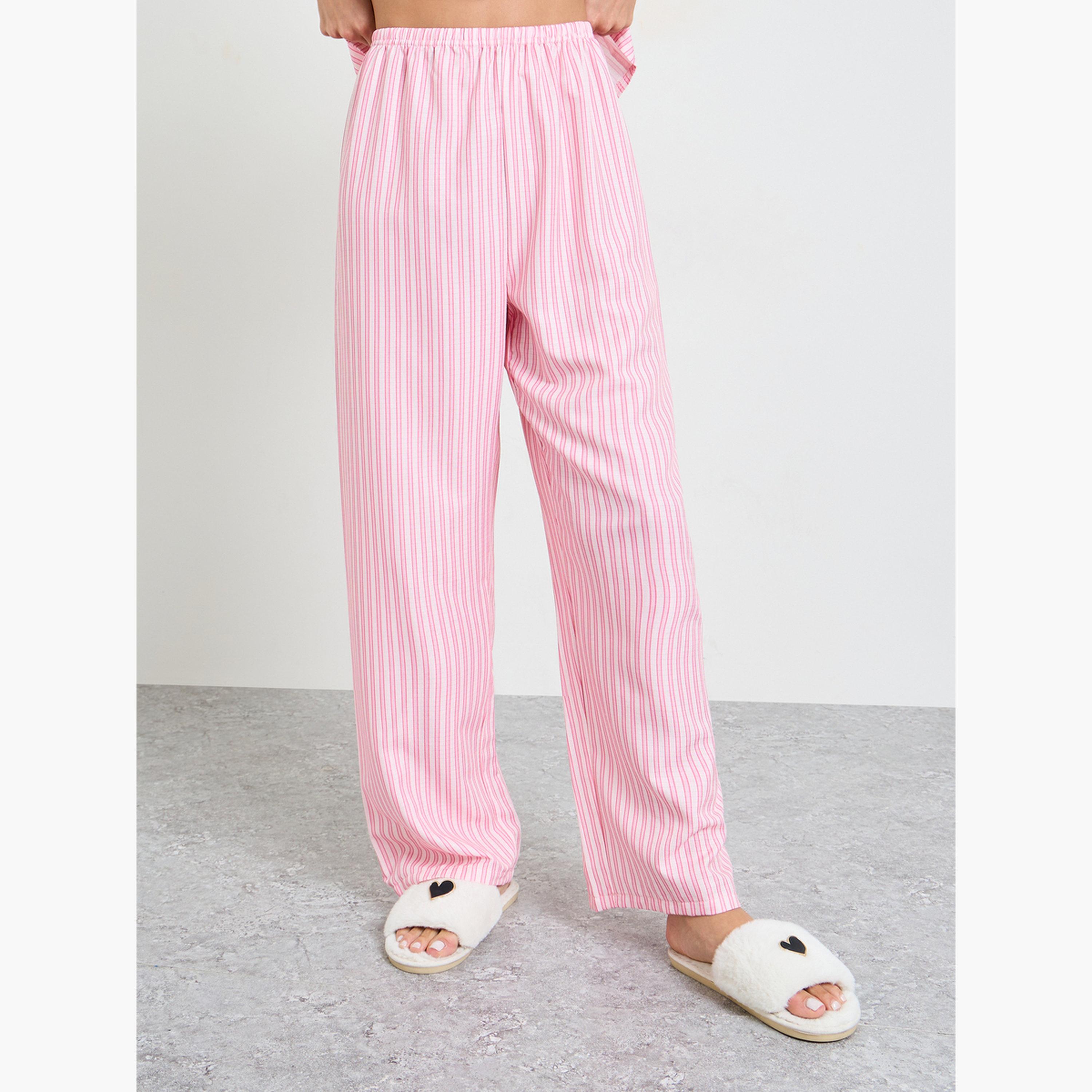 طقم بيجاما من بنطال وقميص بأكمام قصيرة ونمط مخطط لون وردي-women-clothing-nightwear-pyjamas-longsets-image-5