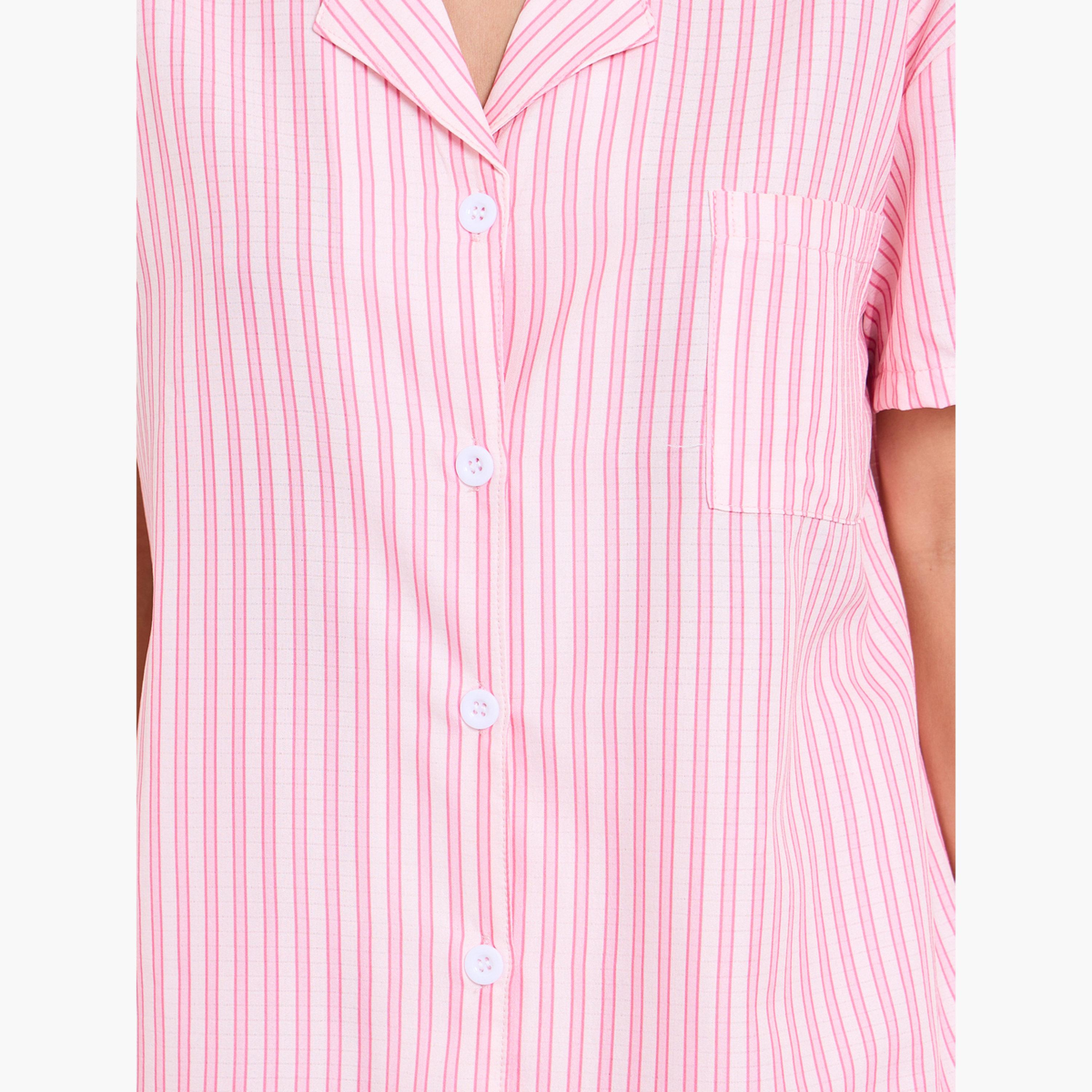 طقم بيجاما من بنطال وقميص بأكمام قصيرة ونمط مخطط لون وردي-women-clothing-nightwear-pyjamas-longsets-image-6