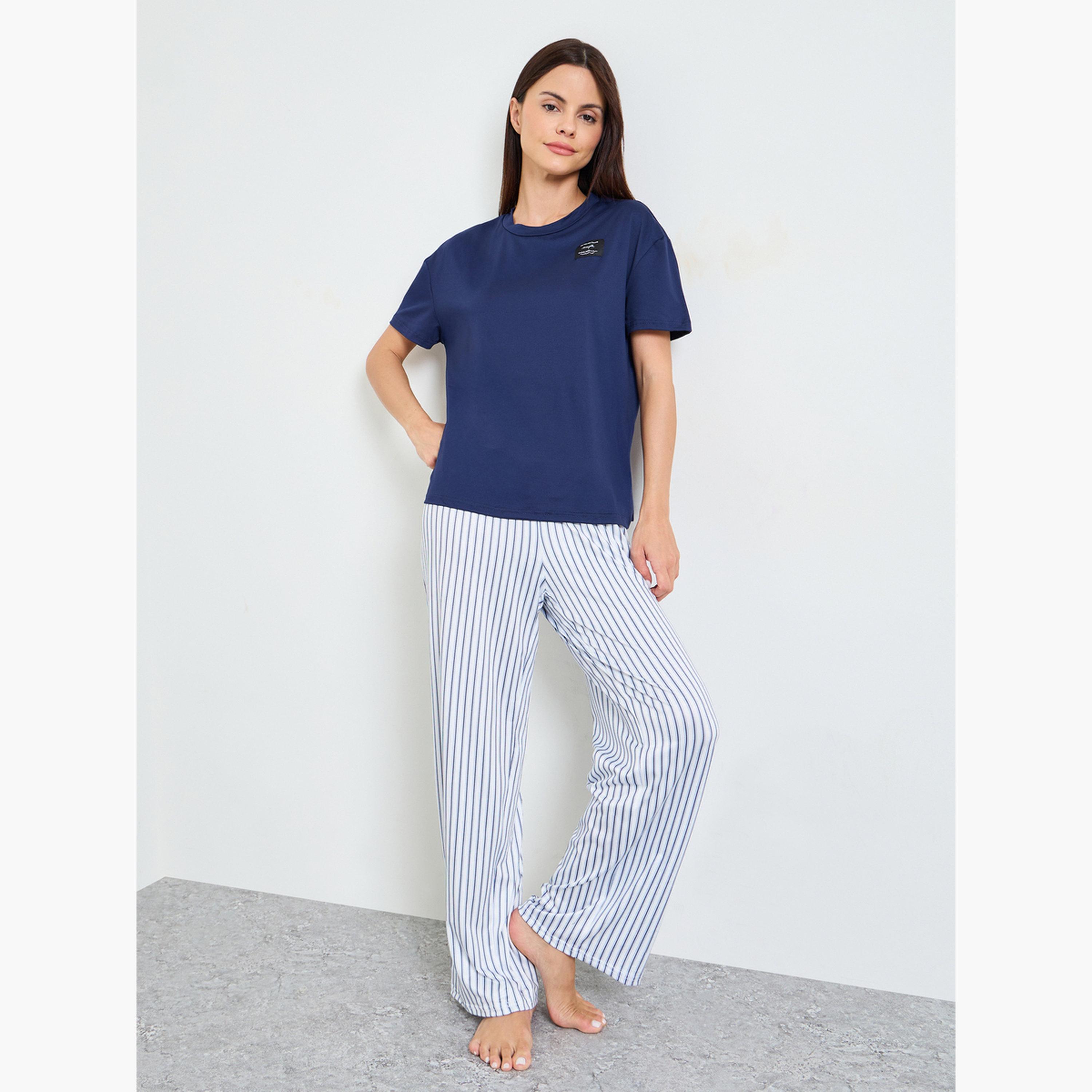 طقم بيجاما من بنطال مخطط وتيشيرت بأكمام قصيرة بلون سادة لون أزرق-women-clothing-nightwear-pyjamas-longsets-image-1