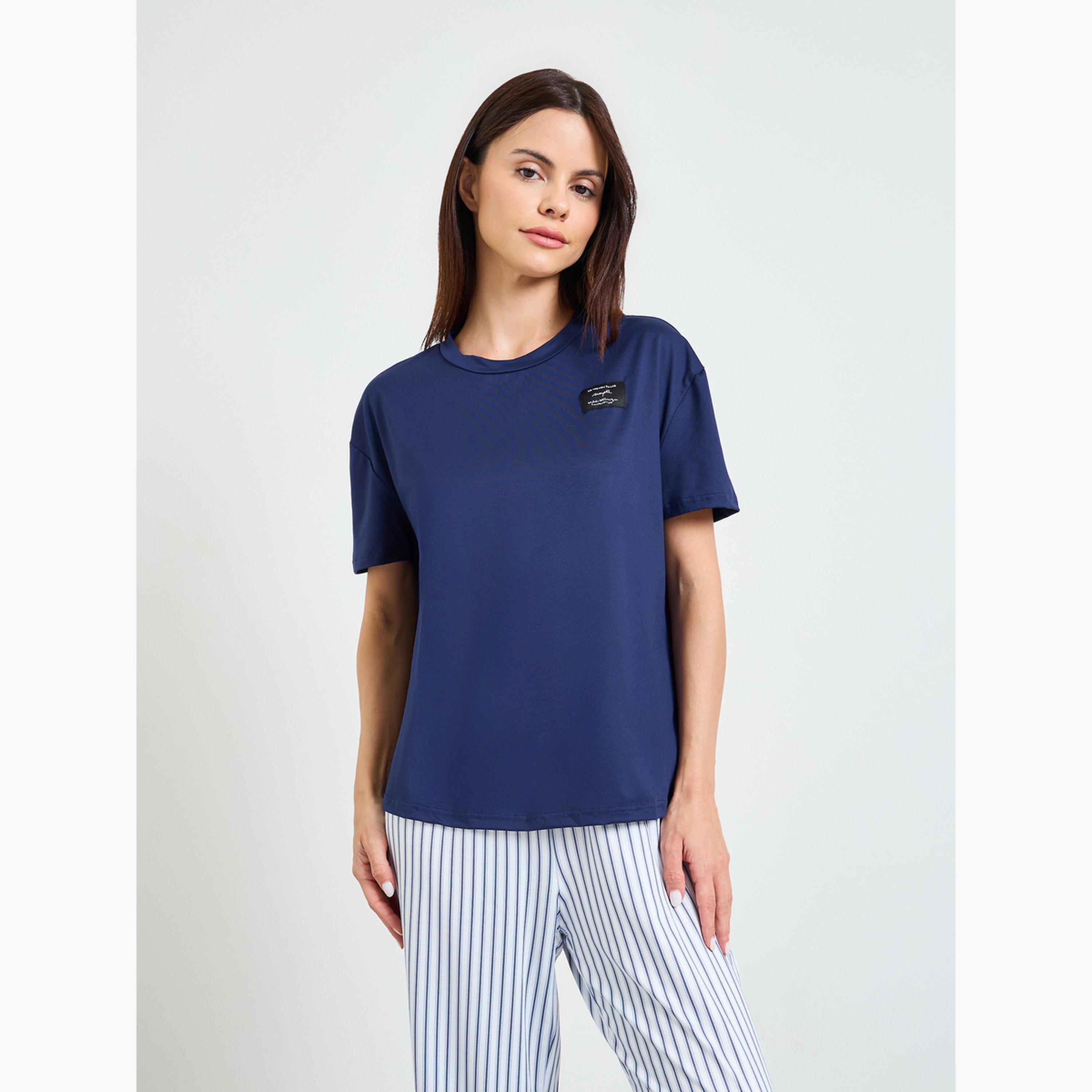 طقم بيجاما من بنطال مخطط وتيشيرت بأكمام قصيرة بلون سادة لون أزرق-women-clothing-nightwear-pyjamas-longsets-image-2