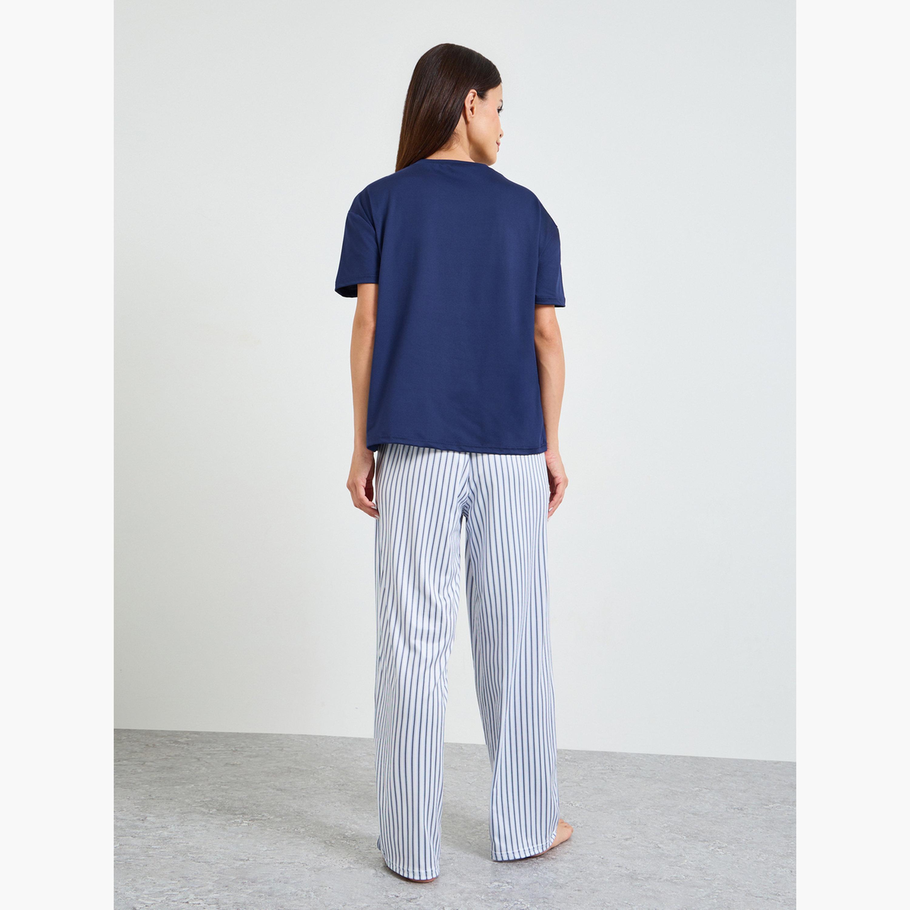 Take Two Blue Solid Short Sleeves T-Shirt and Striped Pants Pajama Set-women-clothing-nightwear-pyjamas-longsets-image-3