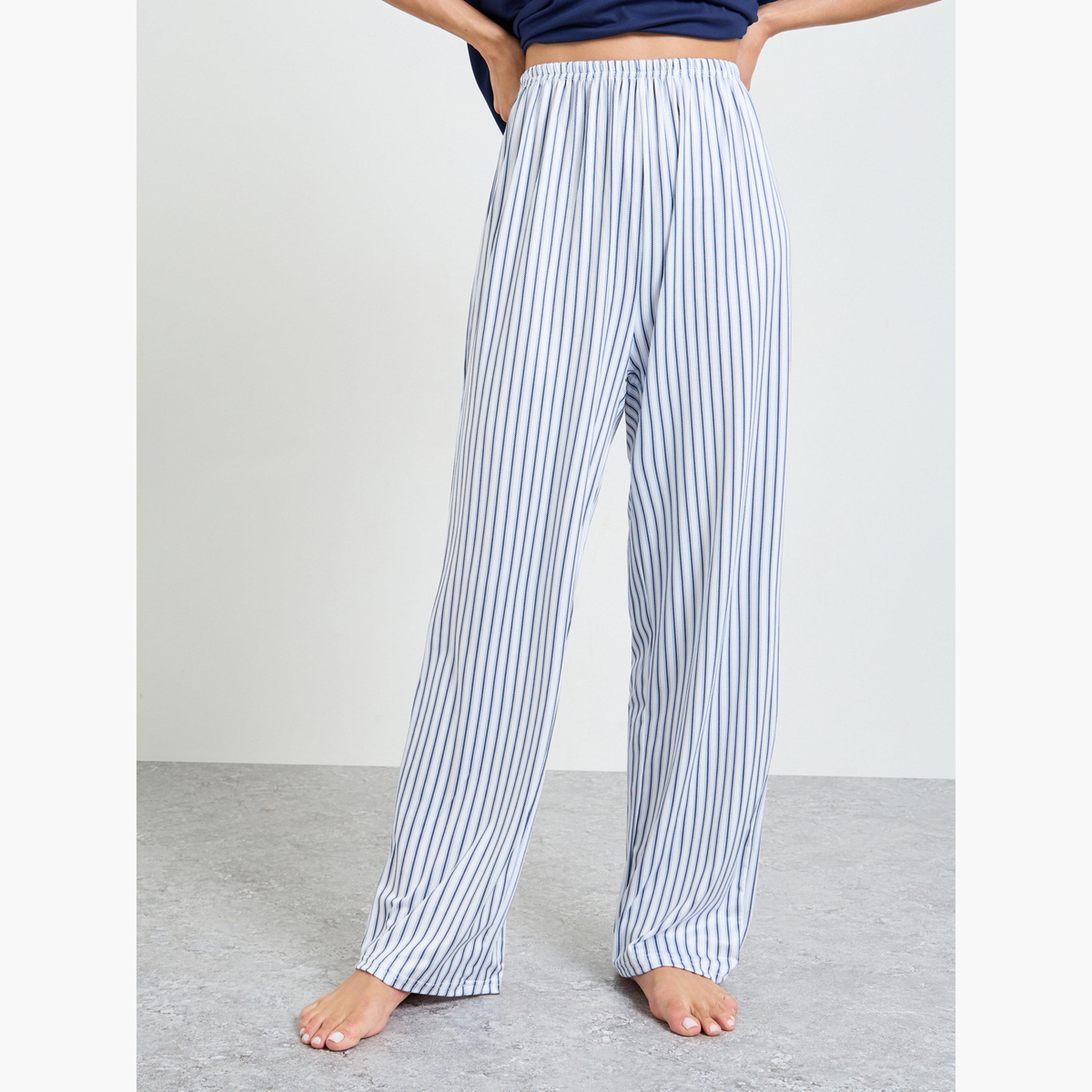 Take Two Blue Solid Short Sleeves T-Shirt and Striped Pants Pajama Set-women-clothing-nightwear-pyjamas-longsets-image-4
