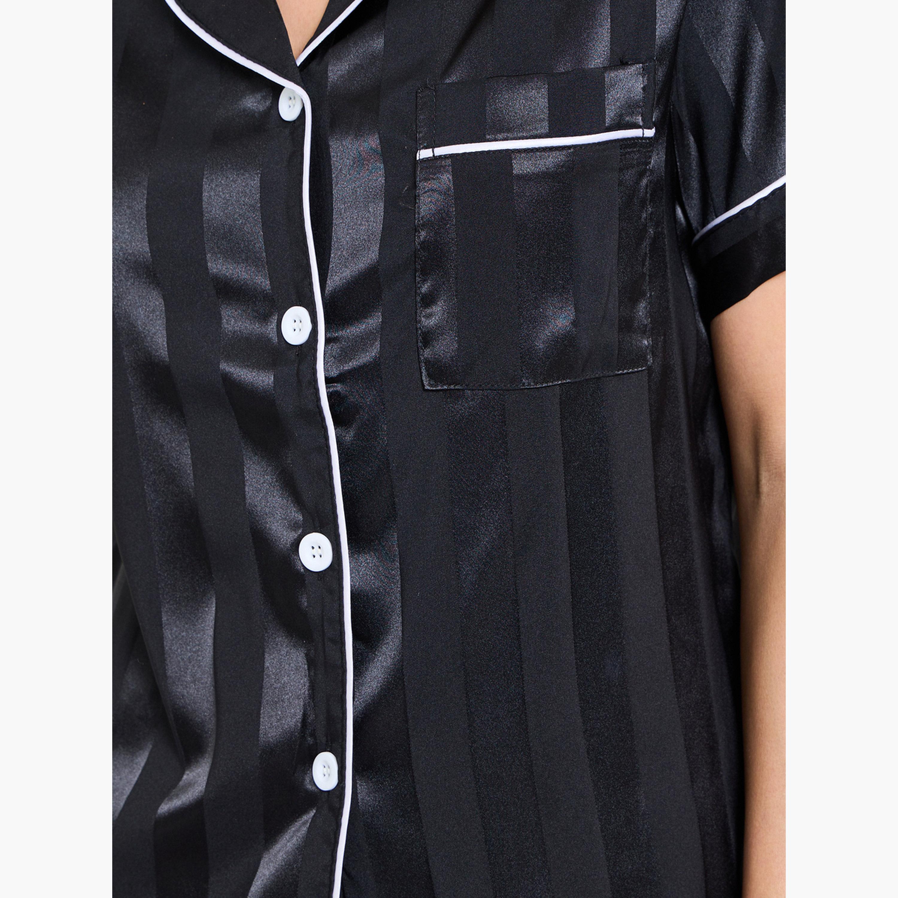 طقم بيجاما ستان من شورت وقميص بنمط مخطط لون أسود-women-clothing-nightwear-pyjamas-shortsets-image-5