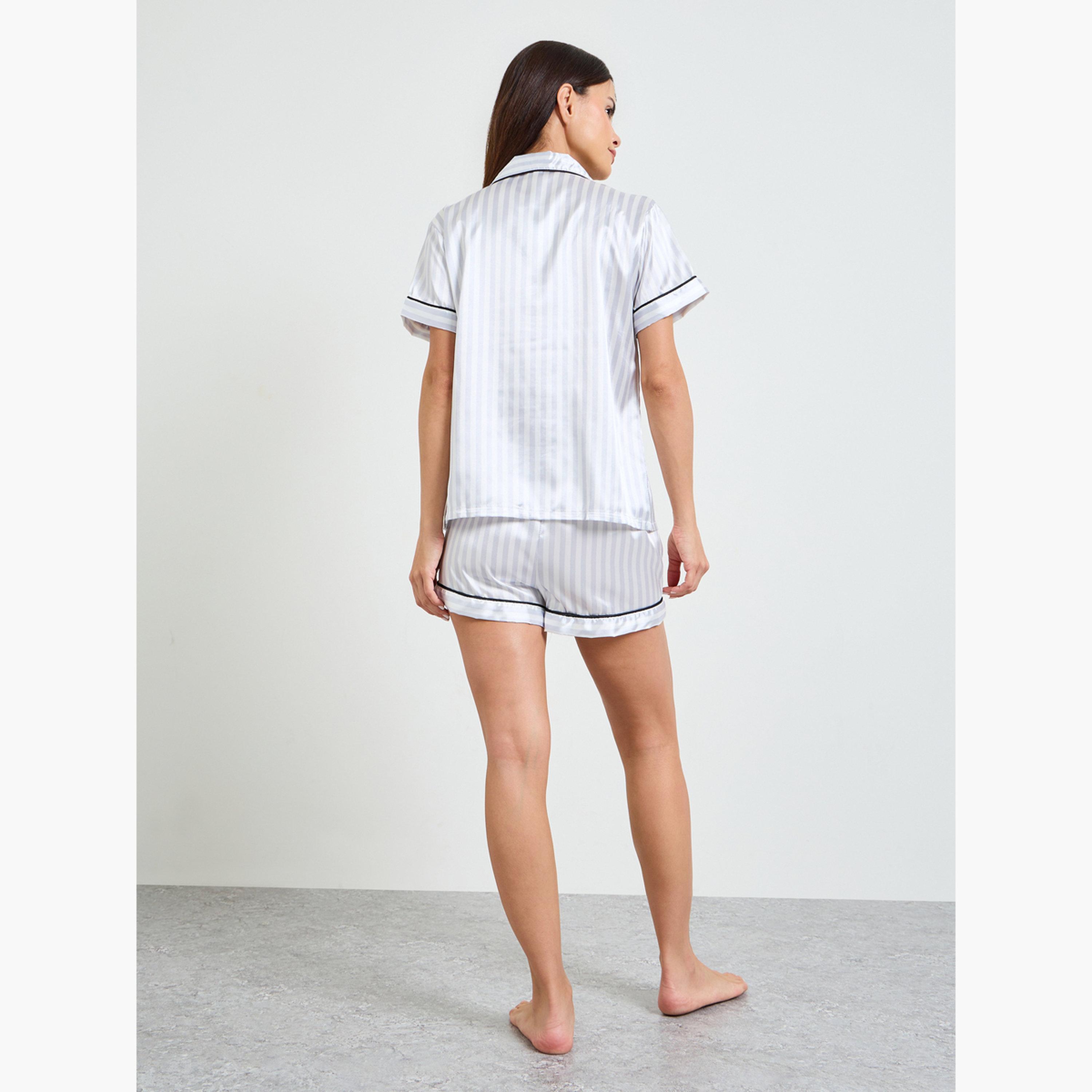 طقم بيجاما ستان من شورت وقميص بنمط مخطط متعدد الألوان-women-clothing-nightwear-pyjamas-shortsets-image-3