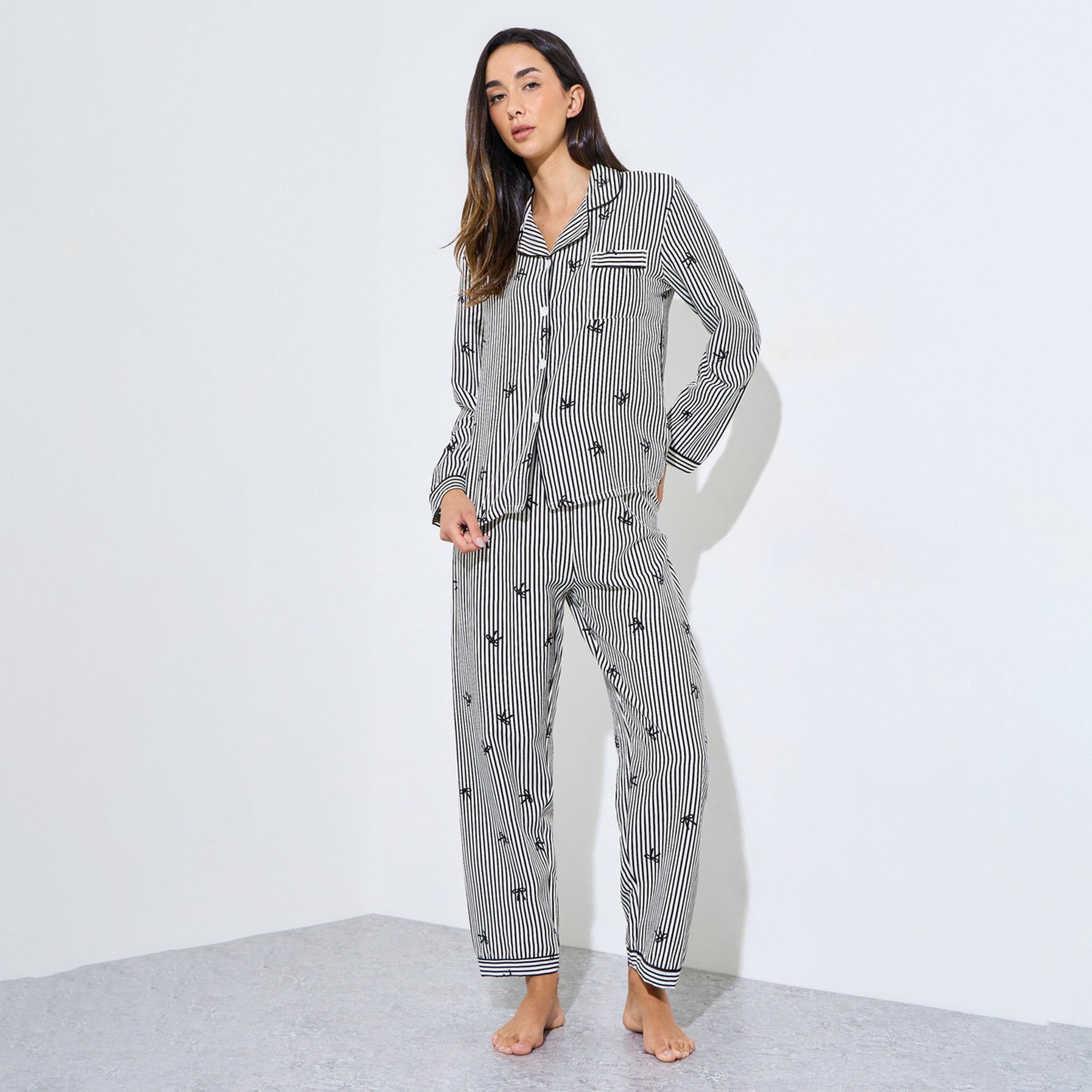 طقم بيجاما من بنطال وبلوزة بطبعة مخطط وفيونكة متعدد الألوان-women-clothing-nightwear-pyjamas-longsets-image-1