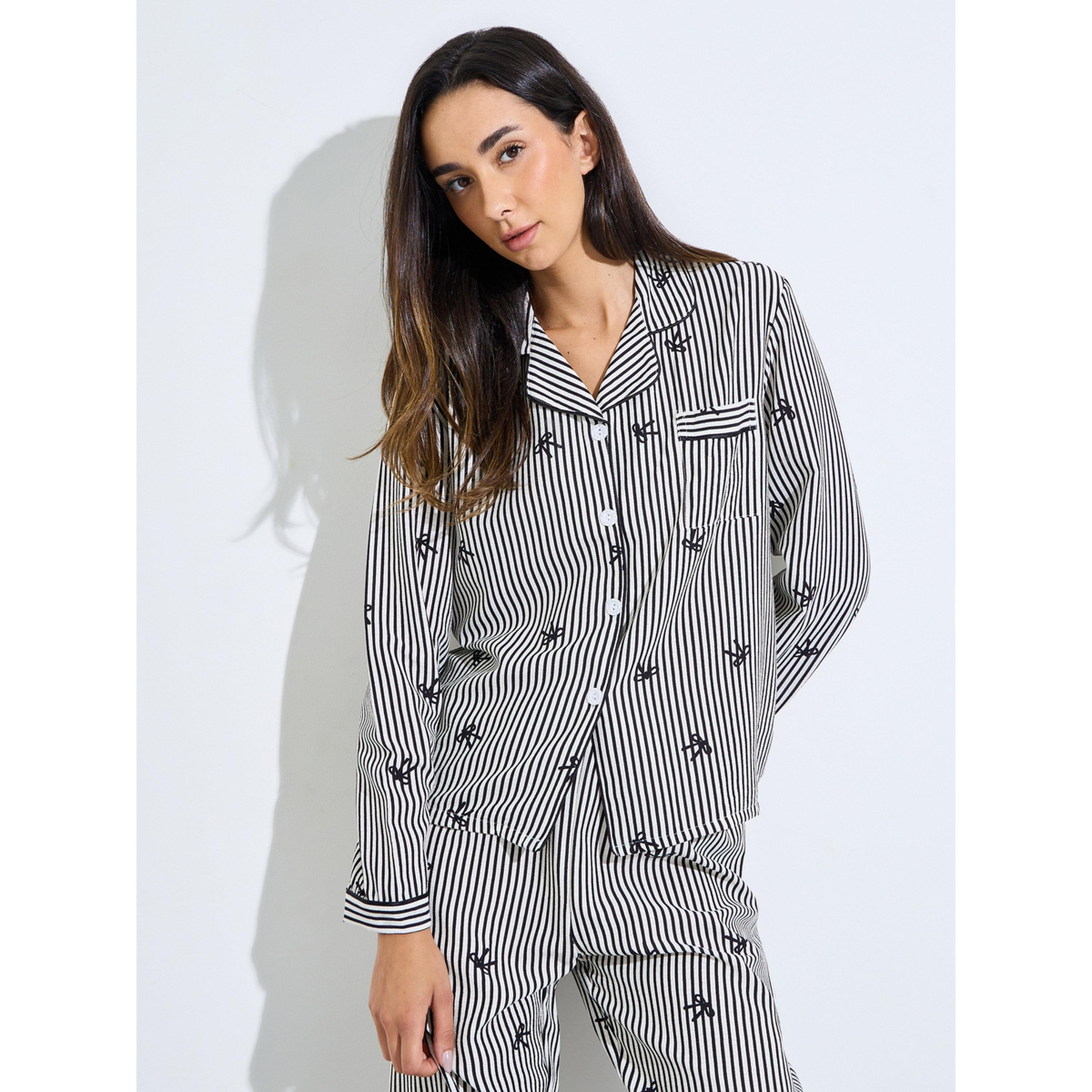 Styli Multi-Color Striped and Bow Print Shirt and Pants Pyjama Set-women-clothing-nightwear-pyjamas-longsets-image-2