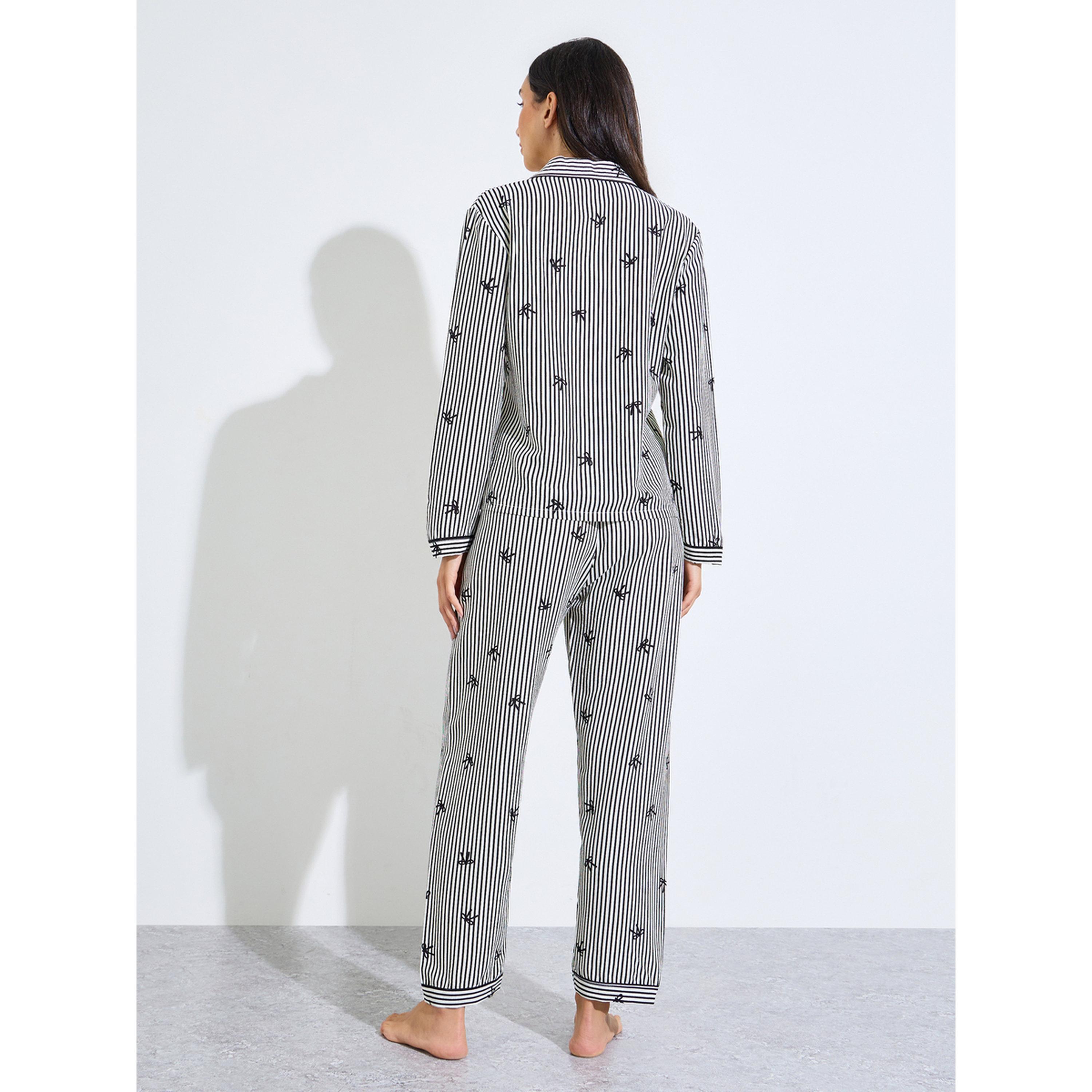 Styli Multi-Color Striped and Bow Print Shirt and Pants Pyjama Set-women-clothing-nightwear-pyjamas-longsets-image-3