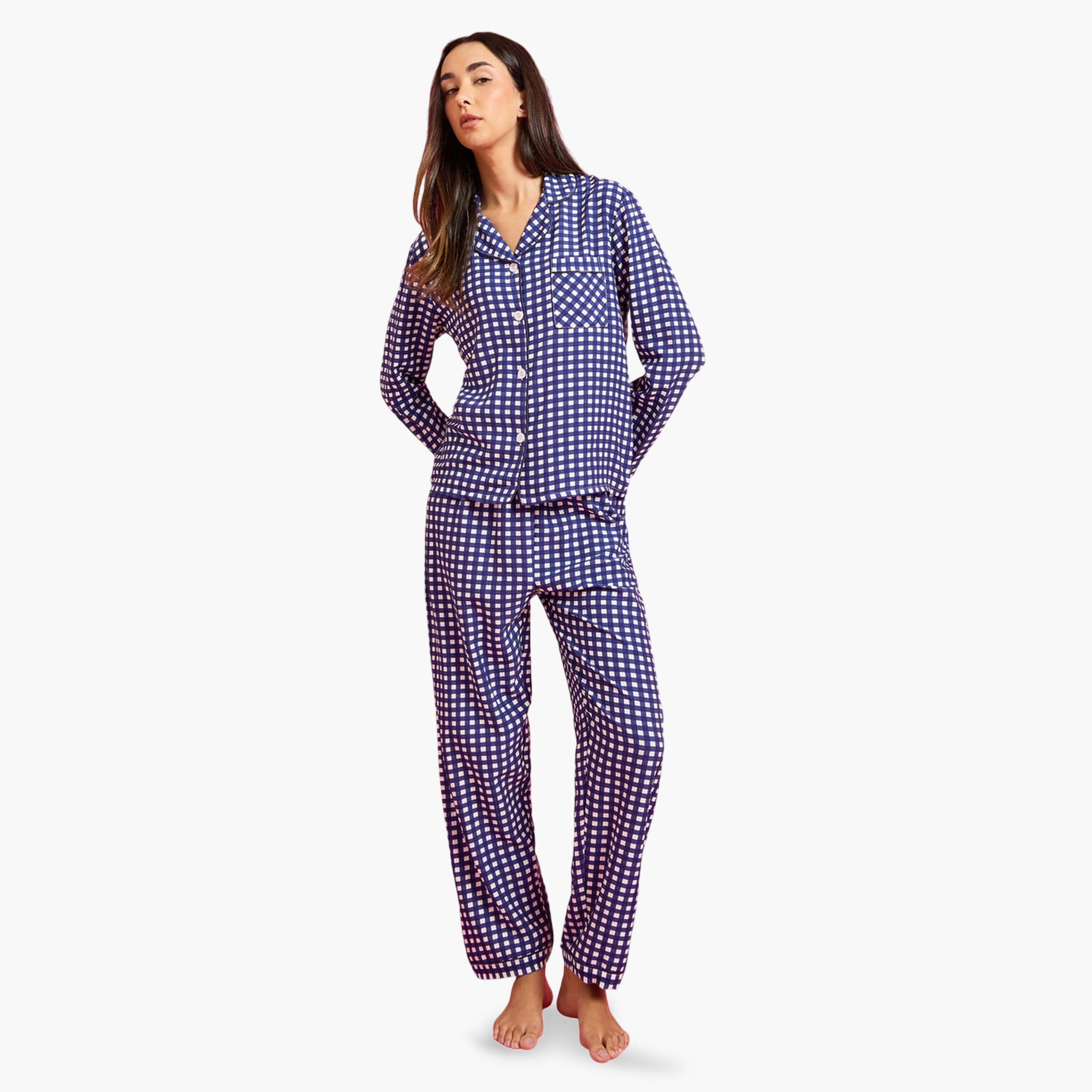 طقم بيجاما من بنطال وبلوزة بتفاصيل جيب وطبعة مربعات متعدد الألوان-women-clothing-nightwear-pyjamas-longsets-image-1