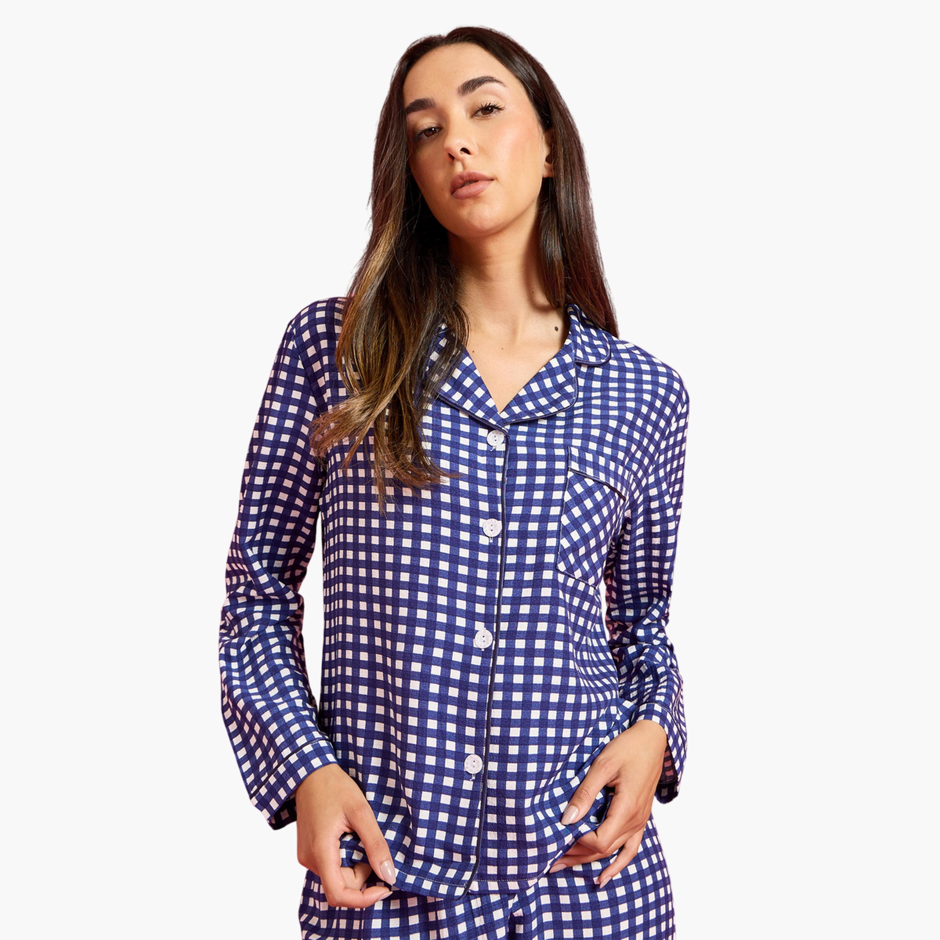 طقم بيجاما من بنطال وبلوزة بتفاصيل جيب وطبعة مربعات متعدد الألوان-women-clothing-nightwear-pyjamas-longsets-image-2