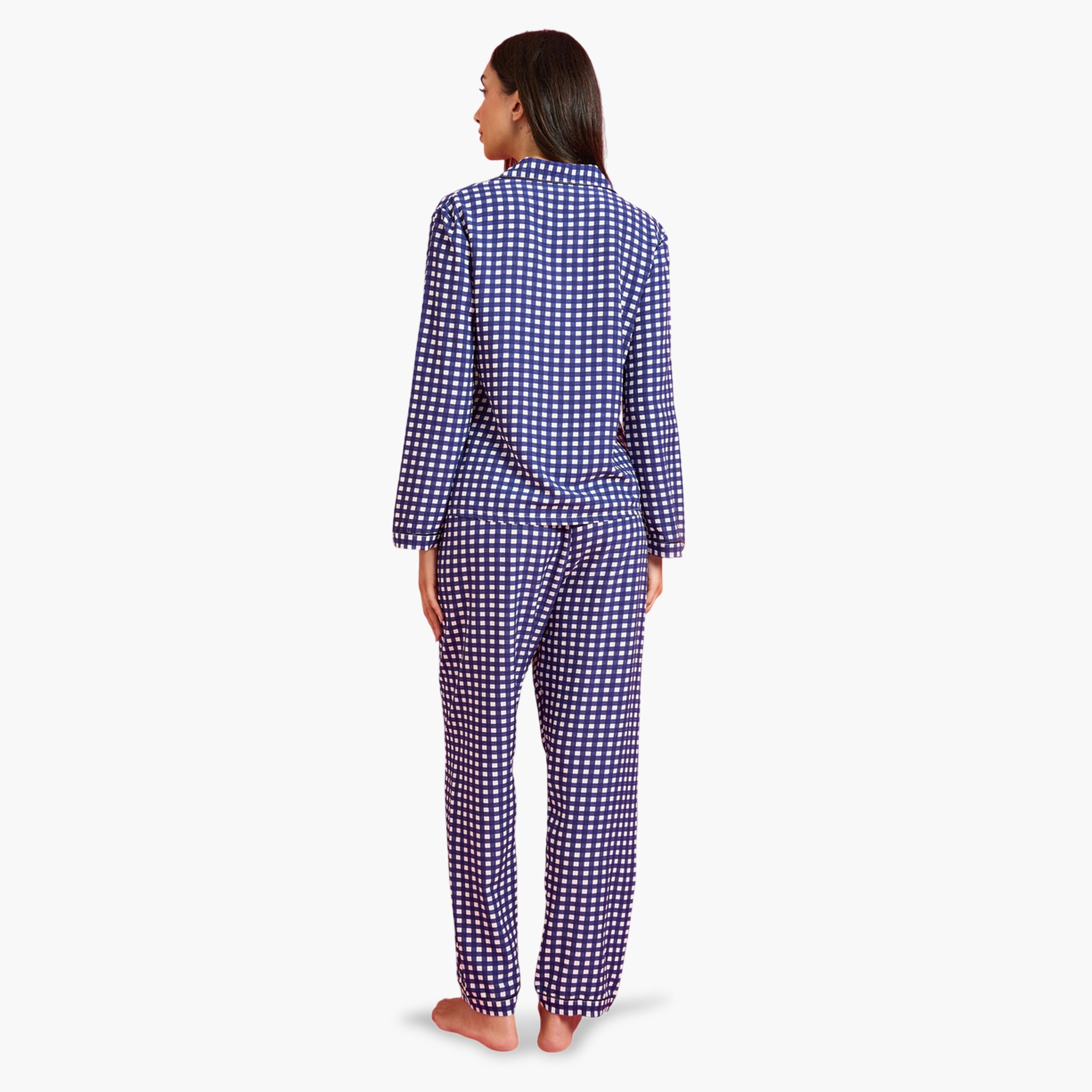 طقم بيجاما من بنطال وبلوزة بتفاصيل جيب وطبعة مربعات متعدد الألوان-women-clothing-nightwear-pyjamas-longsets-image-3
