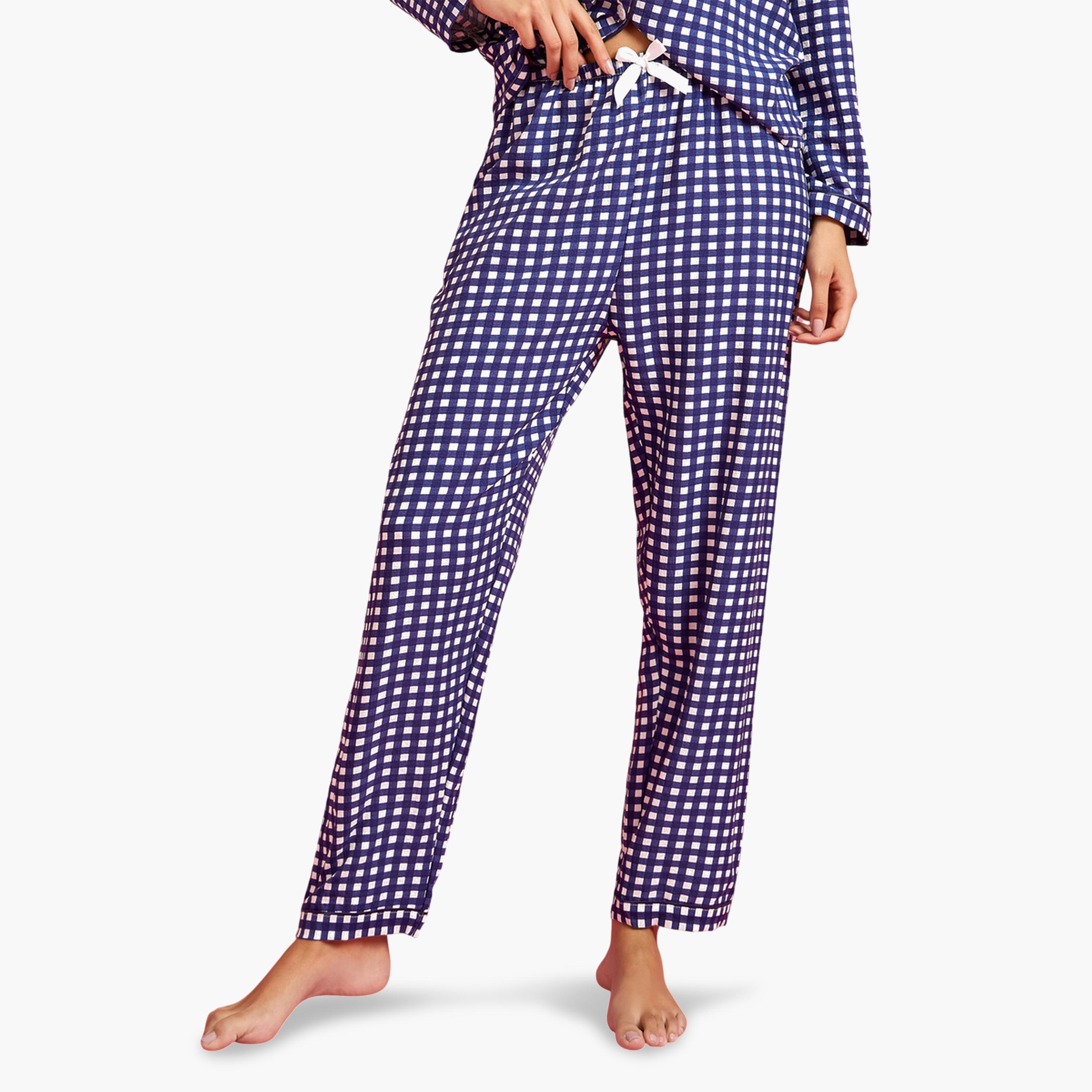 طقم بيجاما من بنطال وبلوزة بتفاصيل جيب وطبعة مربعات متعدد الألوان-women-clothing-nightwear-pyjamas-longsets-image-4