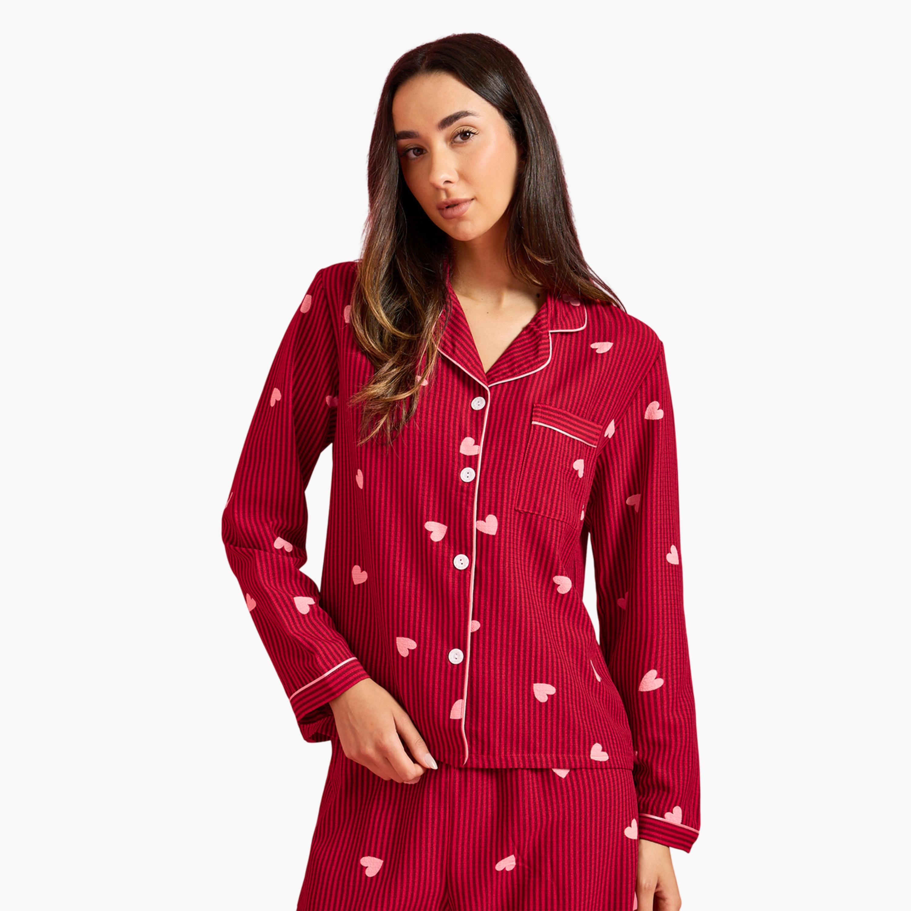 طقم بيجاما من بنطال وبلوزة بأكمام طويلة وطبعة قلوب ومخطط باللون البرغندي-women-clothing-nightwear-pyjamas-longsets-image-2