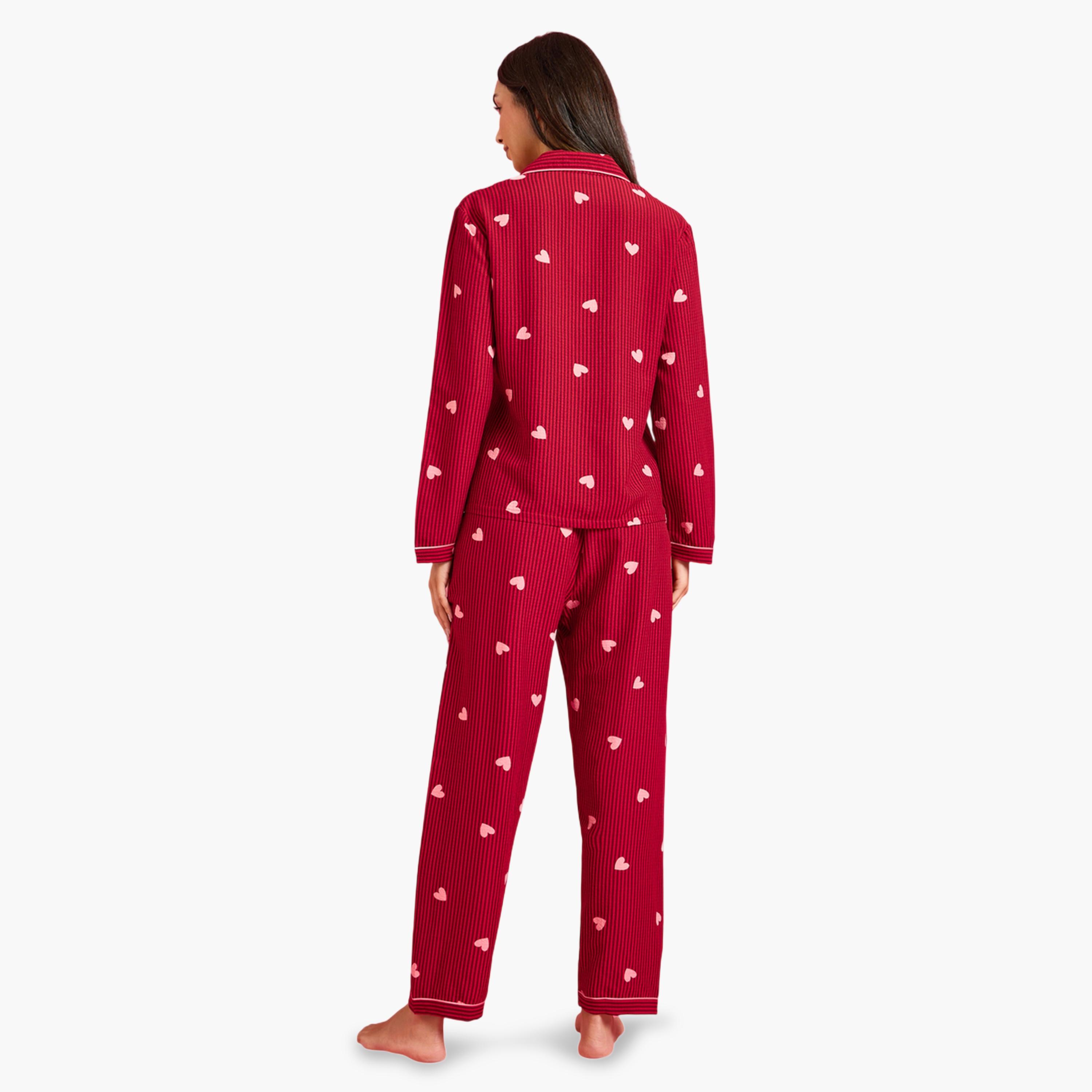 طقم بيجاما من بنطال وبلوزة بأكمام طويلة وطبعة قلوب ومخطط باللون البرغندي-women-clothing-nightwear-pyjamas-longsets-image-3