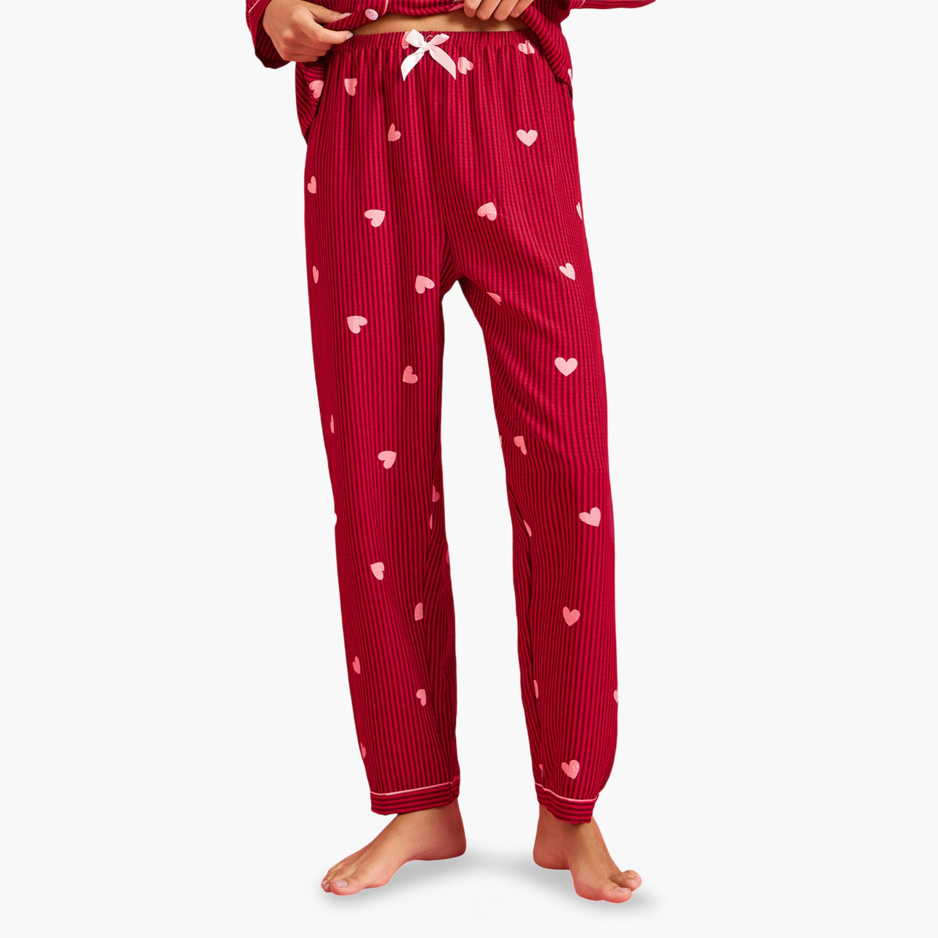 طقم بيجاما من بنطال وبلوزة بأكمام طويلة وطبعة قلوب ومخطط باللون البرغندي-women-clothing-nightwear-pyjamas-longsets-image-4