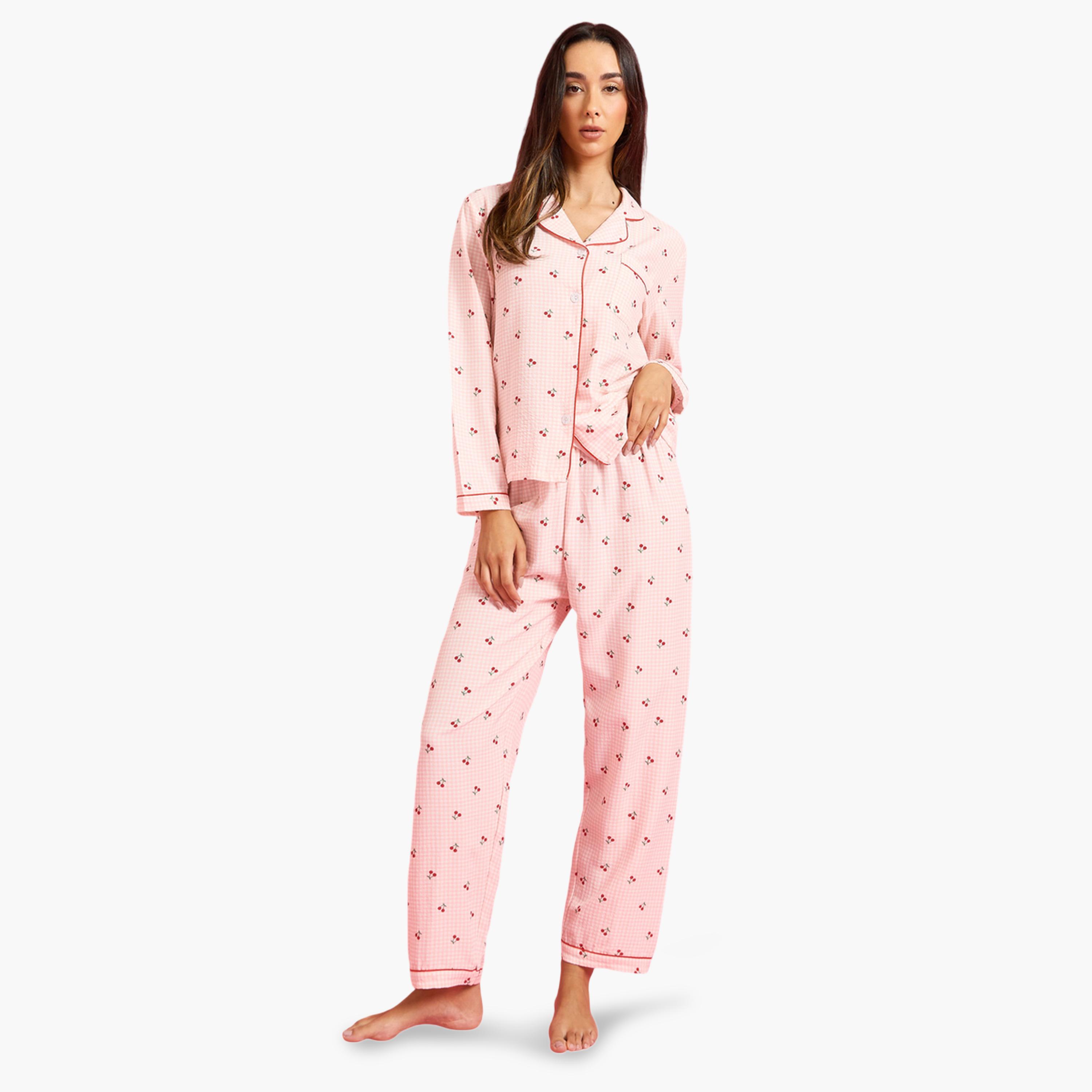 Styli Pink Checked Cherry Print Long Sleeves Shirt and Pants Pyjama Set-women-clothing-nightwear-pyjamas-longsets-image-1