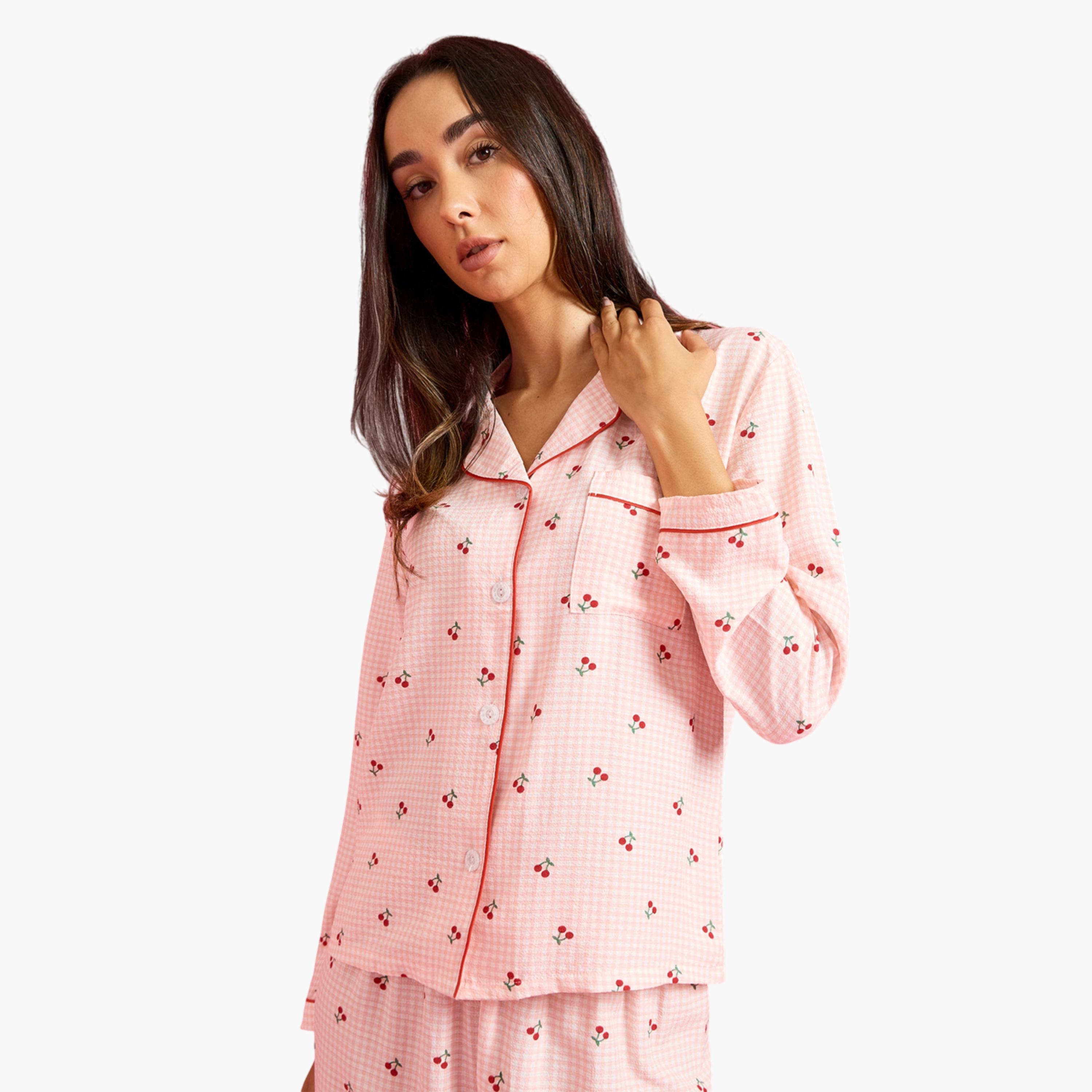 Styli Pink Checked Cherry Print Long Sleeves Shirt and Pants Pyjama Set-women-clothing-nightwear-pyjamas-longsets-image-2