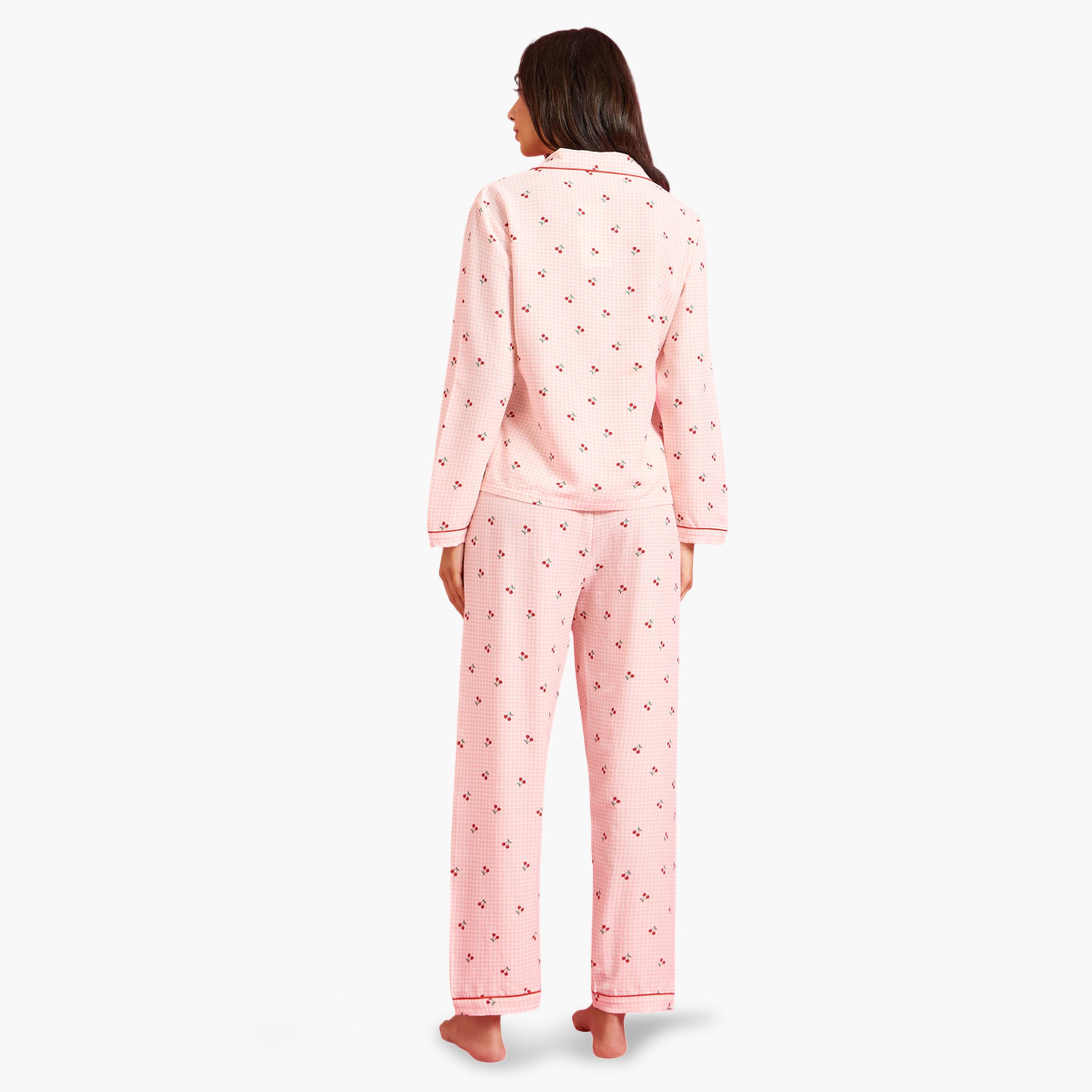 Styli Pink Checked Cherry Print Long Sleeves Shirt and Pants Pyjama Set-women-clothing-nightwear-pyjamas-longsets-image-3