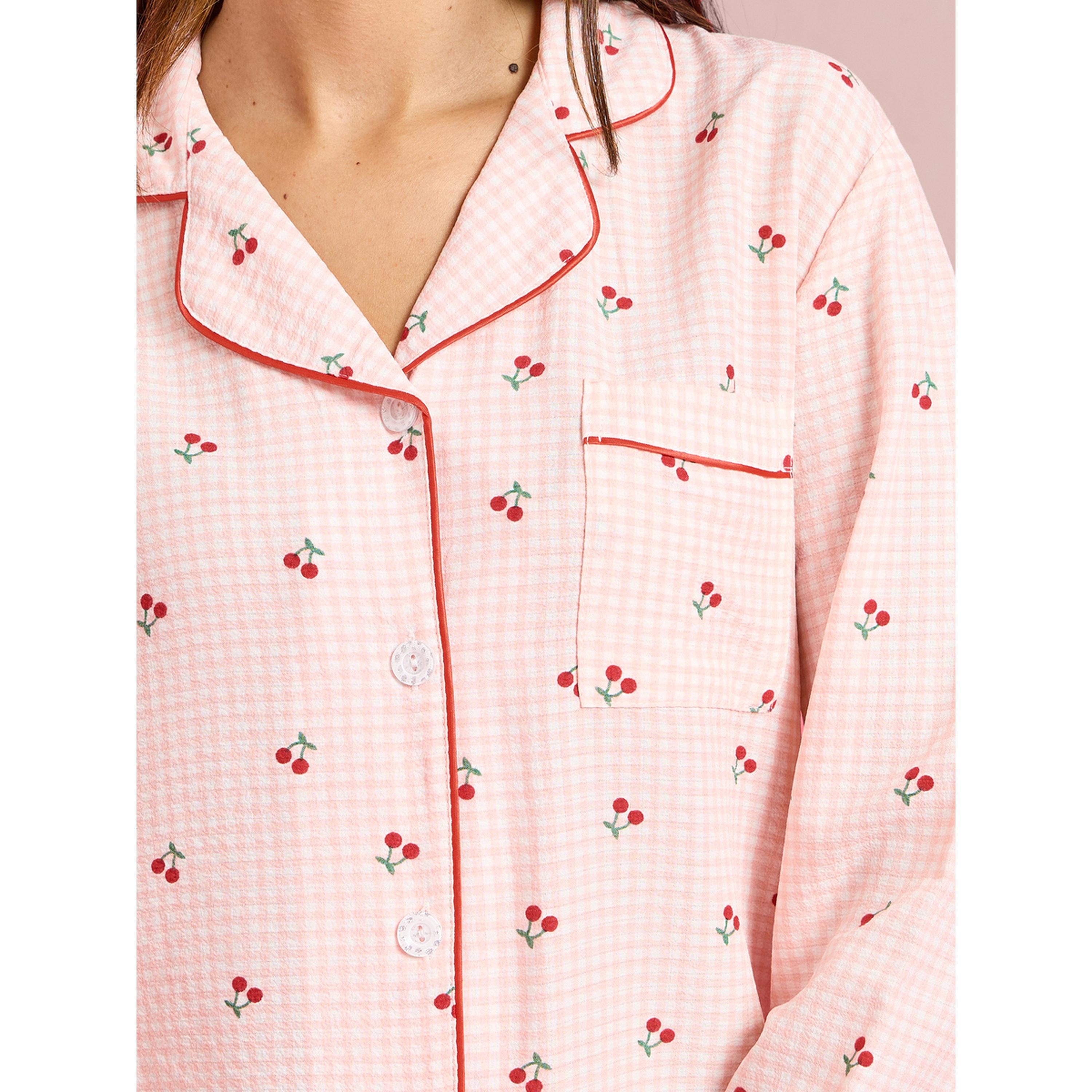 Styli Pink Checked Cherry Print Long Sleeves Shirt and Pants Pyjama Set-women-clothing-nightwear-pyjamas-longsets-image-5