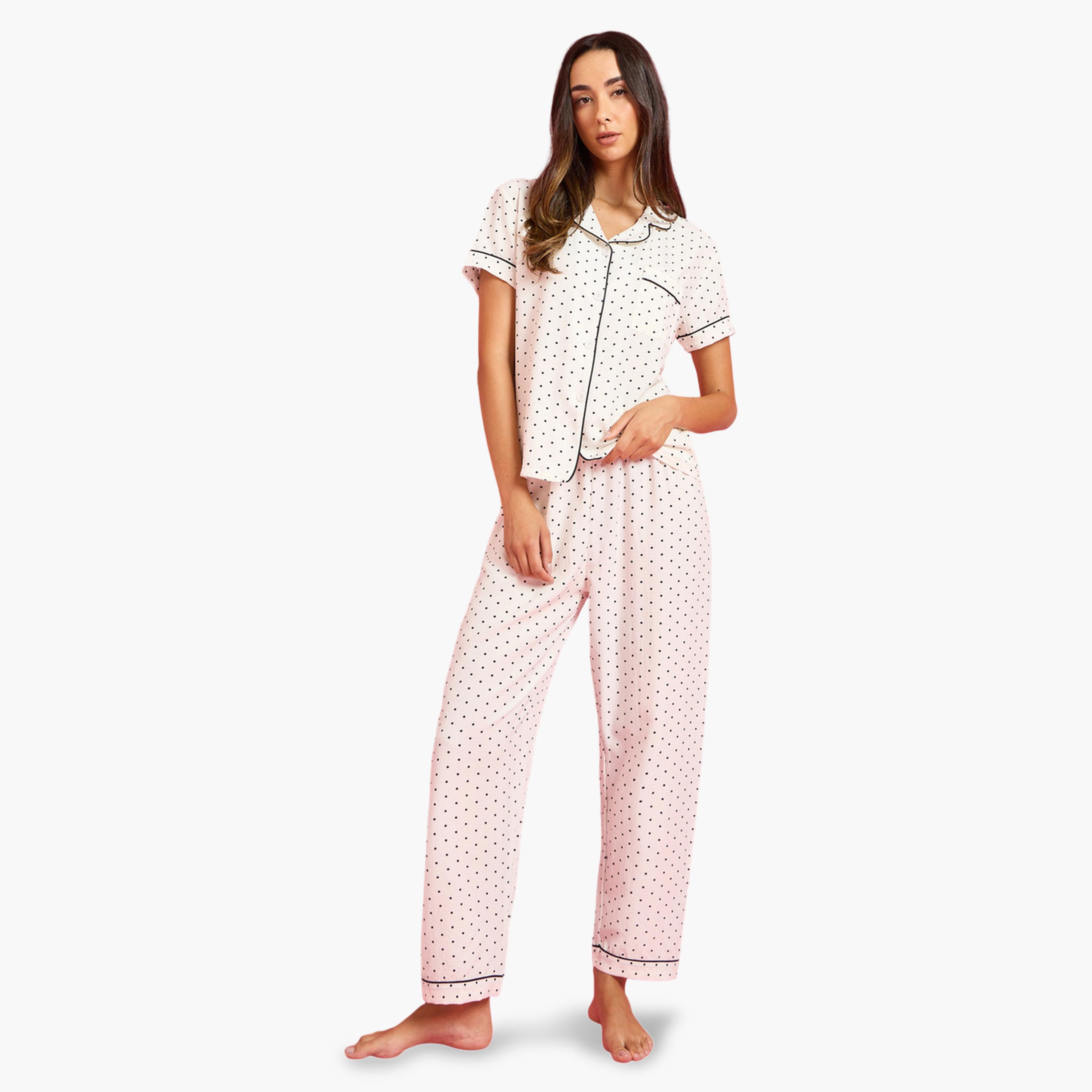 Styli Off White Polka Dot Pocket Detail Shirt and Pants Pyjama Set-women-clothing-nightwear-pyjamas-longsets-image-1