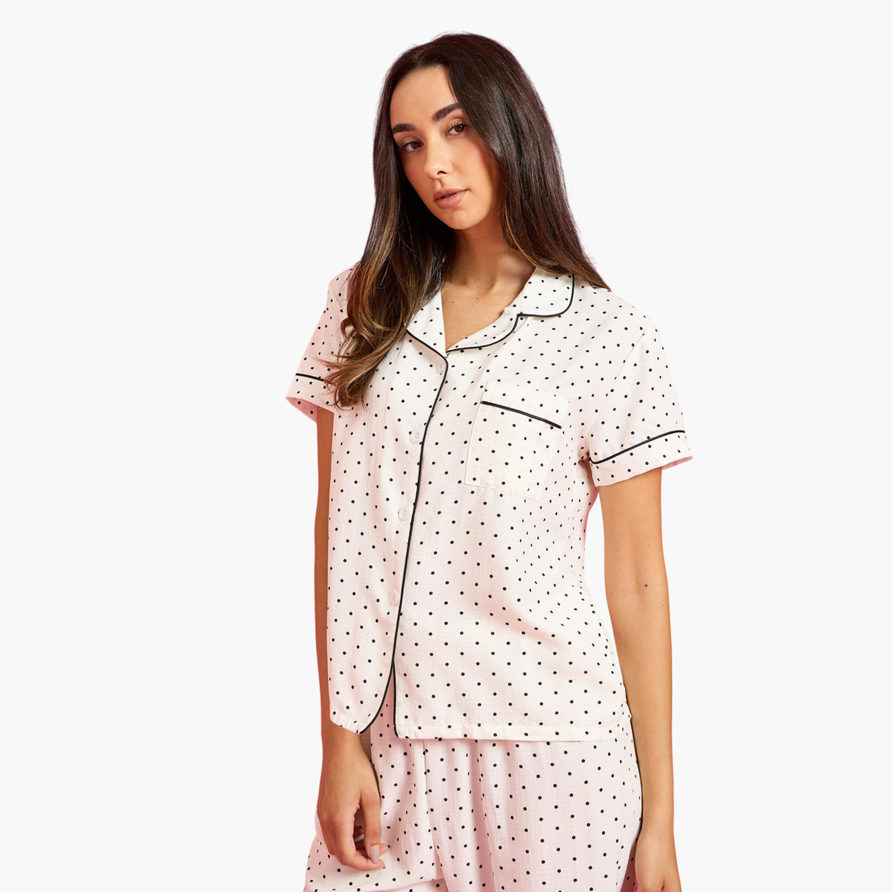 Styli Off White Polka Dot Pocket Detail Shirt and Pants Pyjama Set-women-clothing-nightwear-pyjamas-longsets-image-2