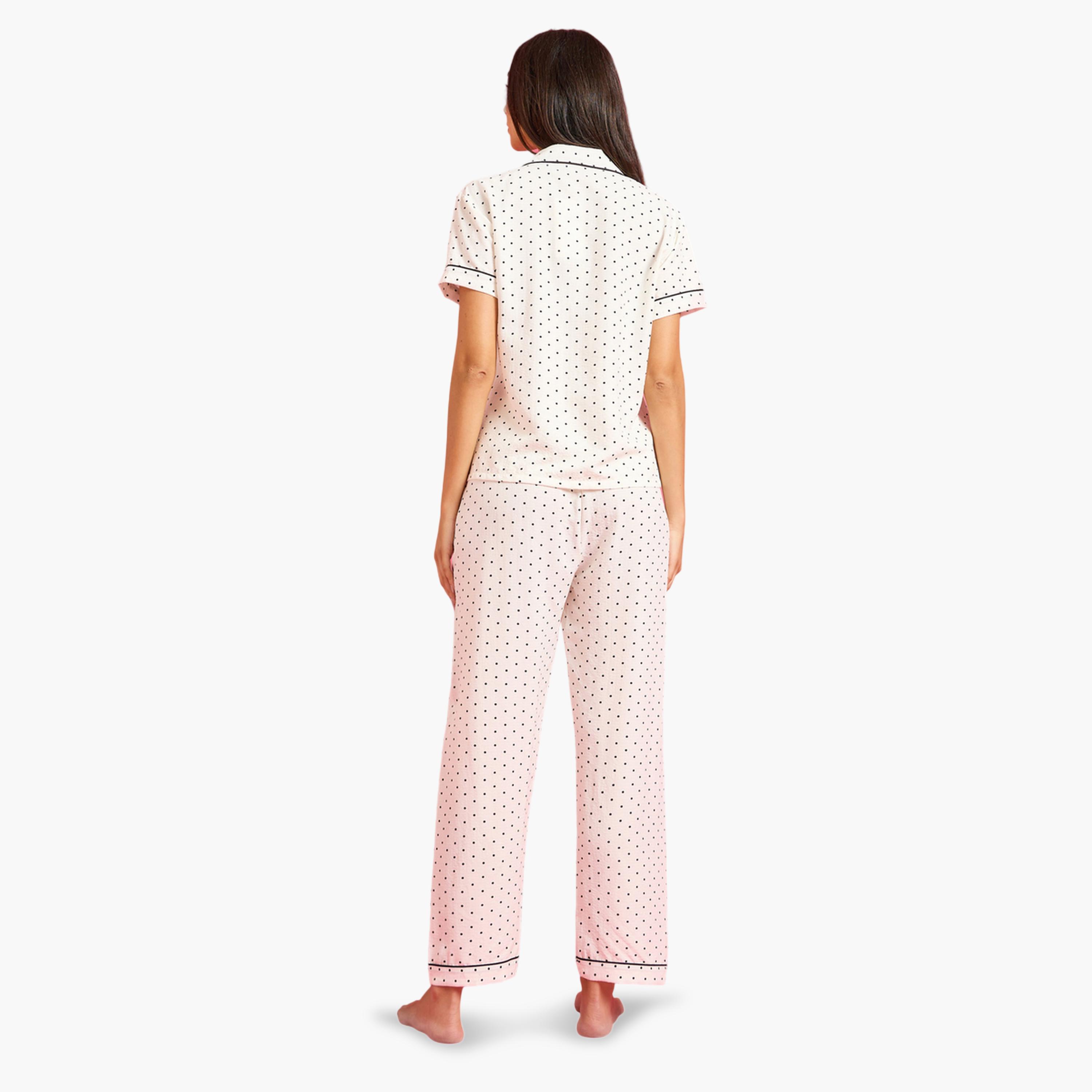 Styli Off White Polka Dot Pocket Detail Shirt and Pants Pyjama Set-women-clothing-nightwear-pyjamas-longsets-image-3