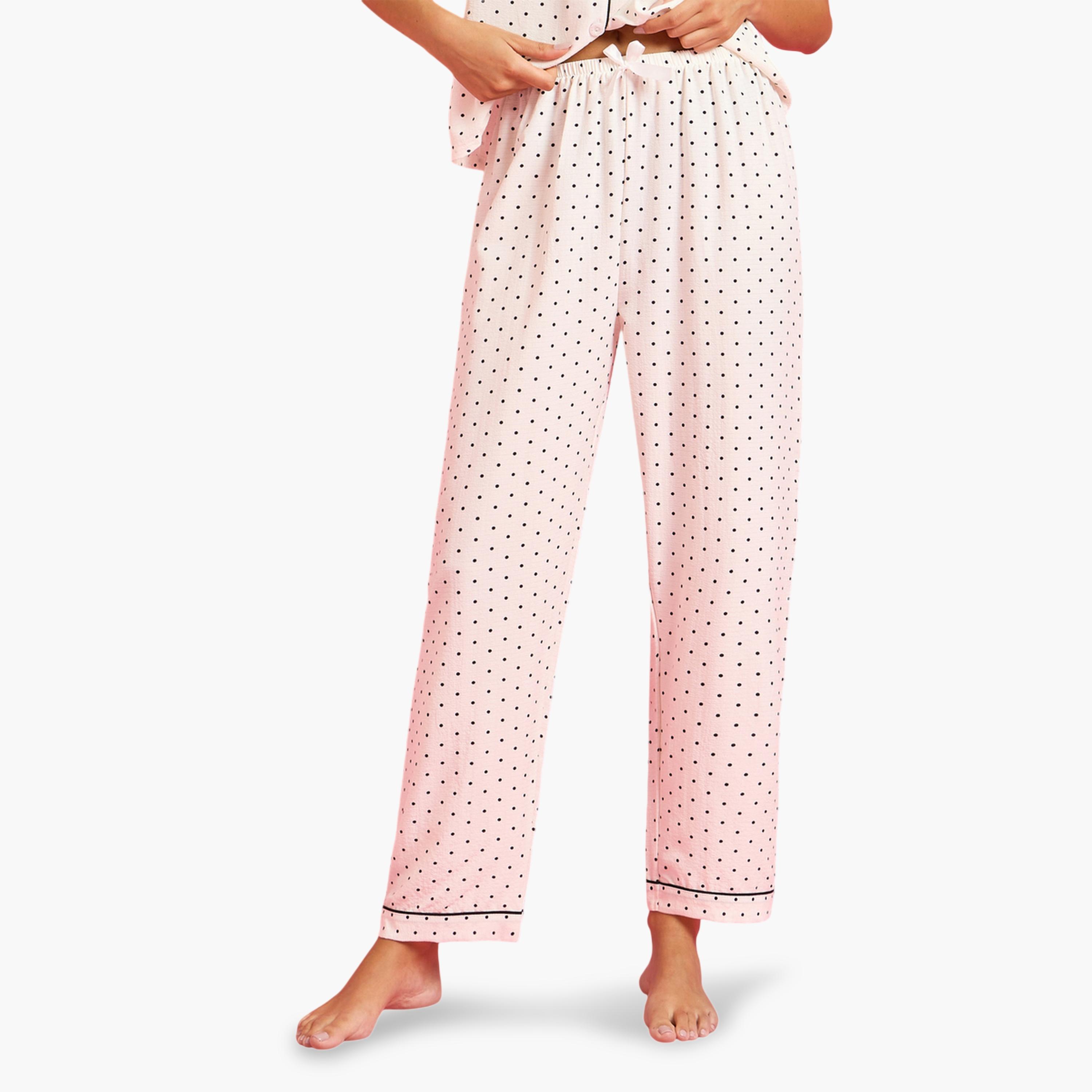 Styli Off White Polka Dot Pocket Detail Shirt and Pants Pyjama Set-women-clothing-nightwear-pyjamas-longsets-image-4