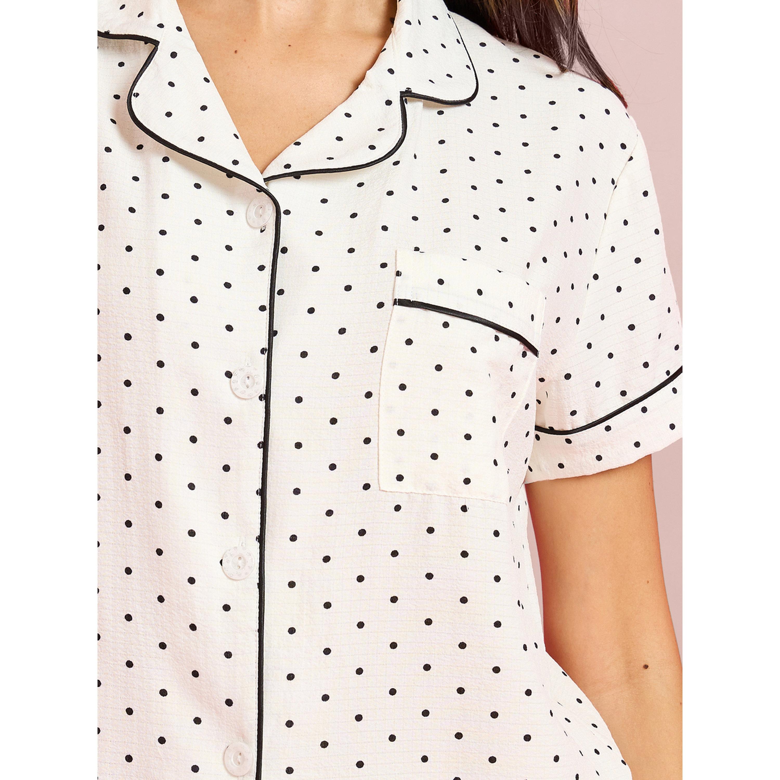 Styli Off White Polka Dot Pocket Detail Shirt and Pants Pyjama Set-women-clothing-nightwear-pyjamas-longsets-image-5