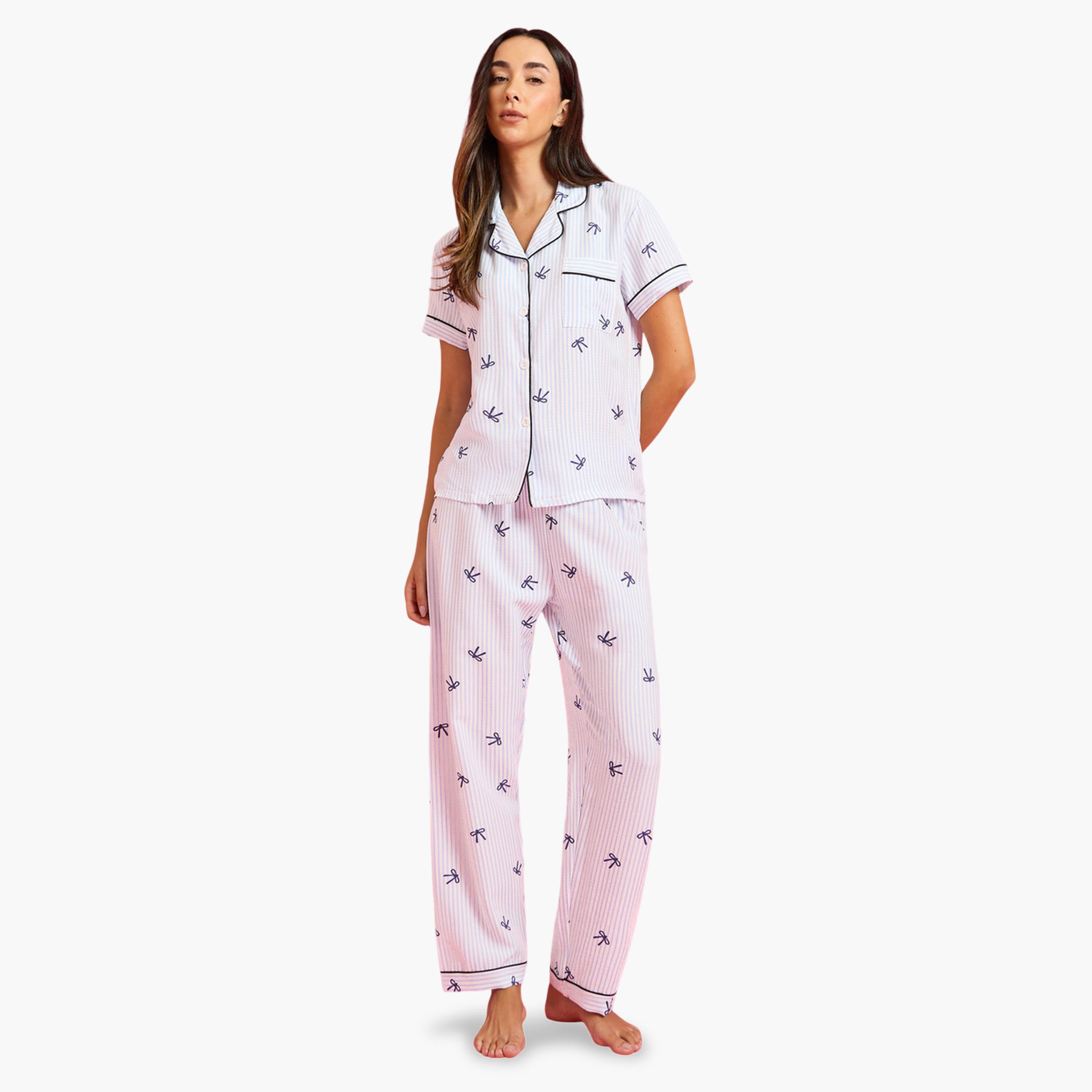 Styli Blue Contrast Trims Striped and Bow Print Shirt and Pants Pyjama Set-women-clothing-nightwear-pyjamas-longsets-image-1
