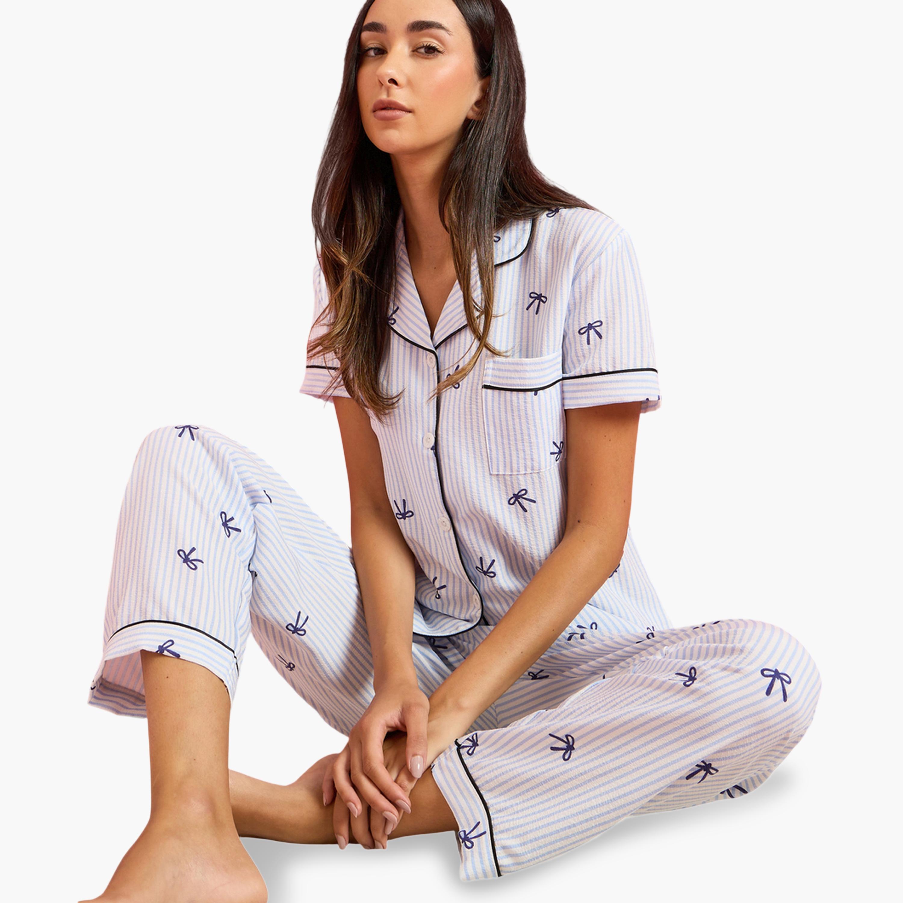 Styli Blue Contrast Trims Striped and Bow Print Shirt and Pants Pyjama Set-women-clothing-nightwear-pyjamas-longsets-image-2