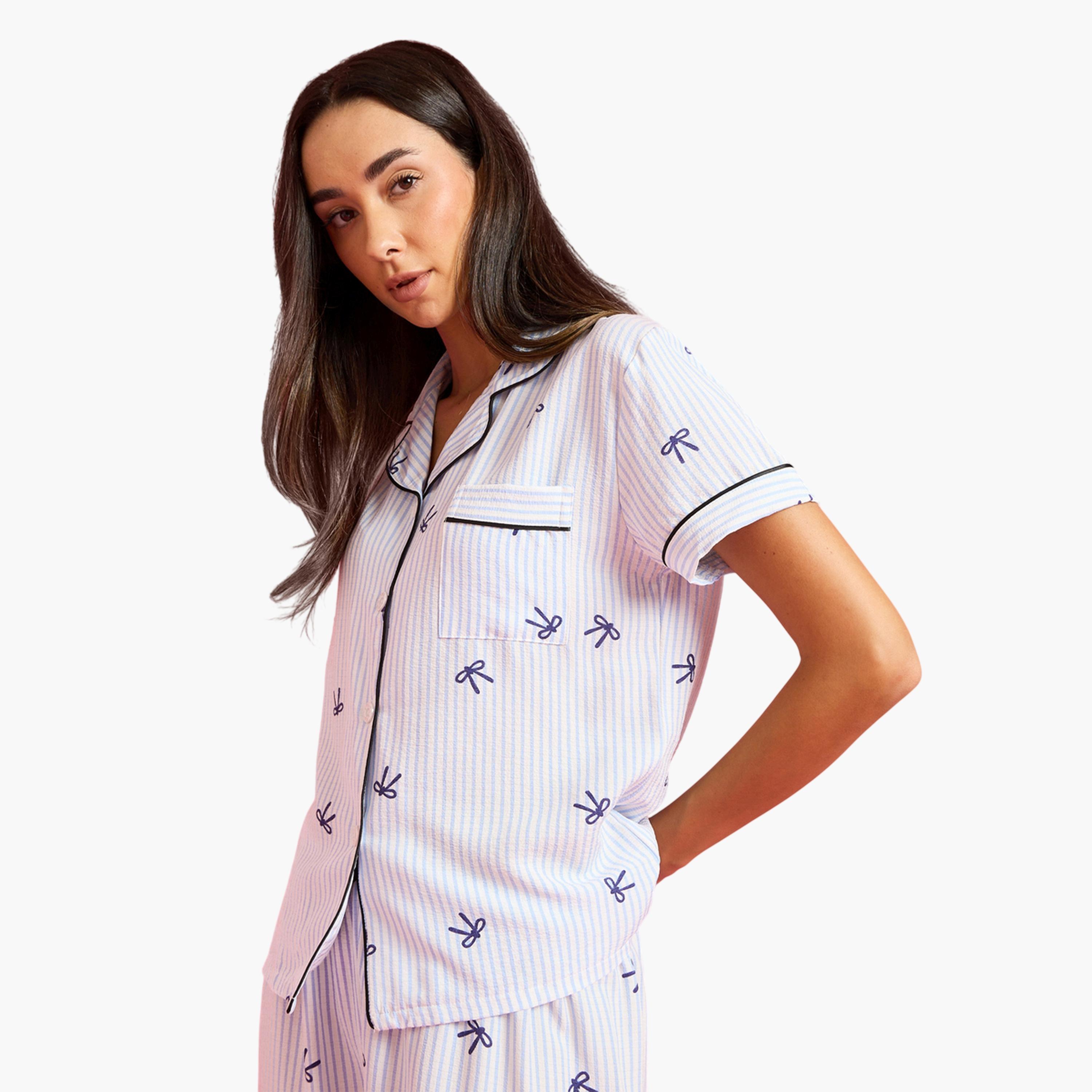 Styli Blue Contrast Trims Striped and Bow Print Shirt and Pants Pyjama Set-women-clothing-nightwear-pyjamas-longsets-image-3