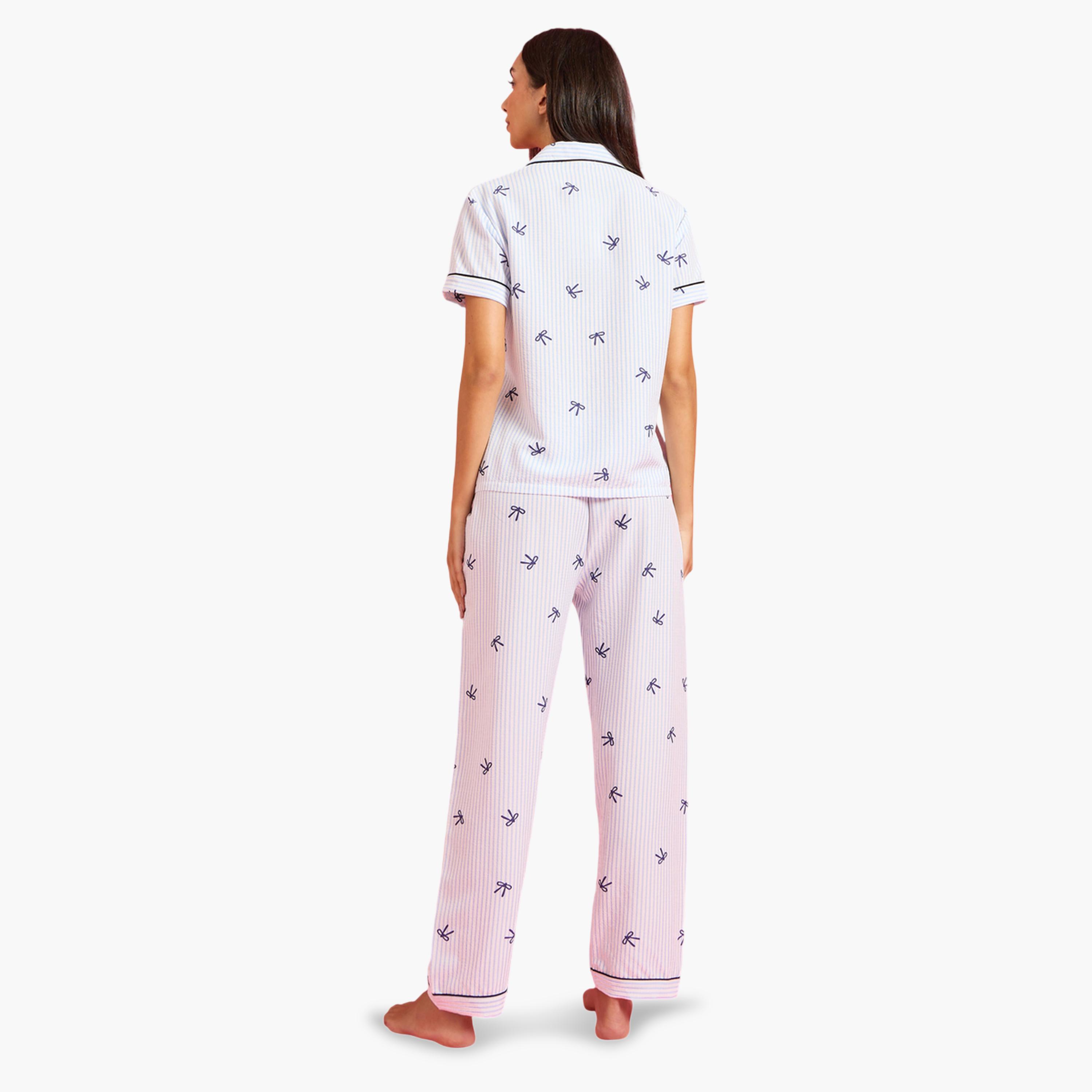 Styli Blue Contrast Trims Striped and Bow Print Shirt and Pants Pyjama Set-women-clothing-nightwear-pyjamas-longsets-image-4