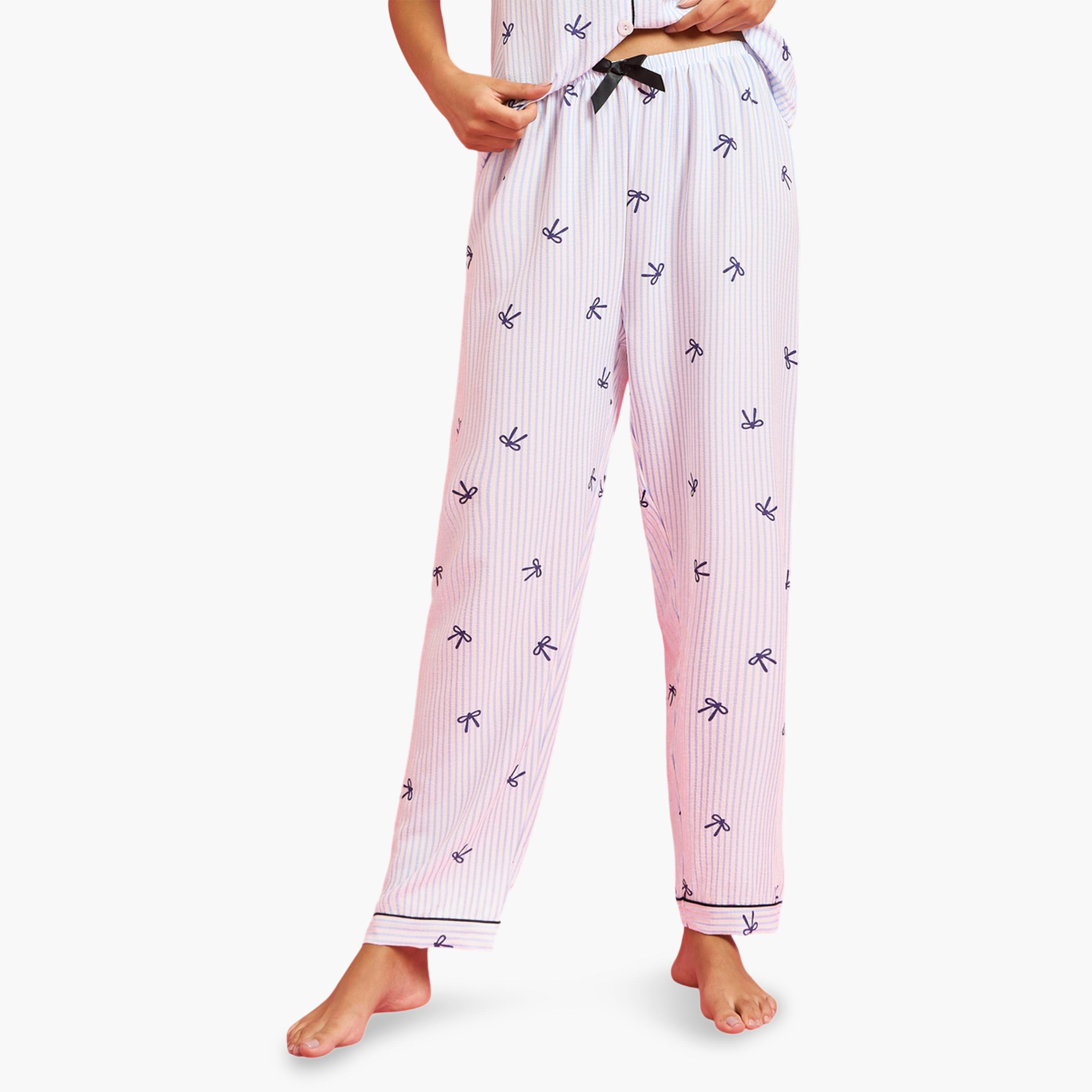 Styli Blue Contrast Trims Striped and Bow Print Shirt and Pants Pyjama Set-women-clothing-nightwear-pyjamas-longsets-image-5