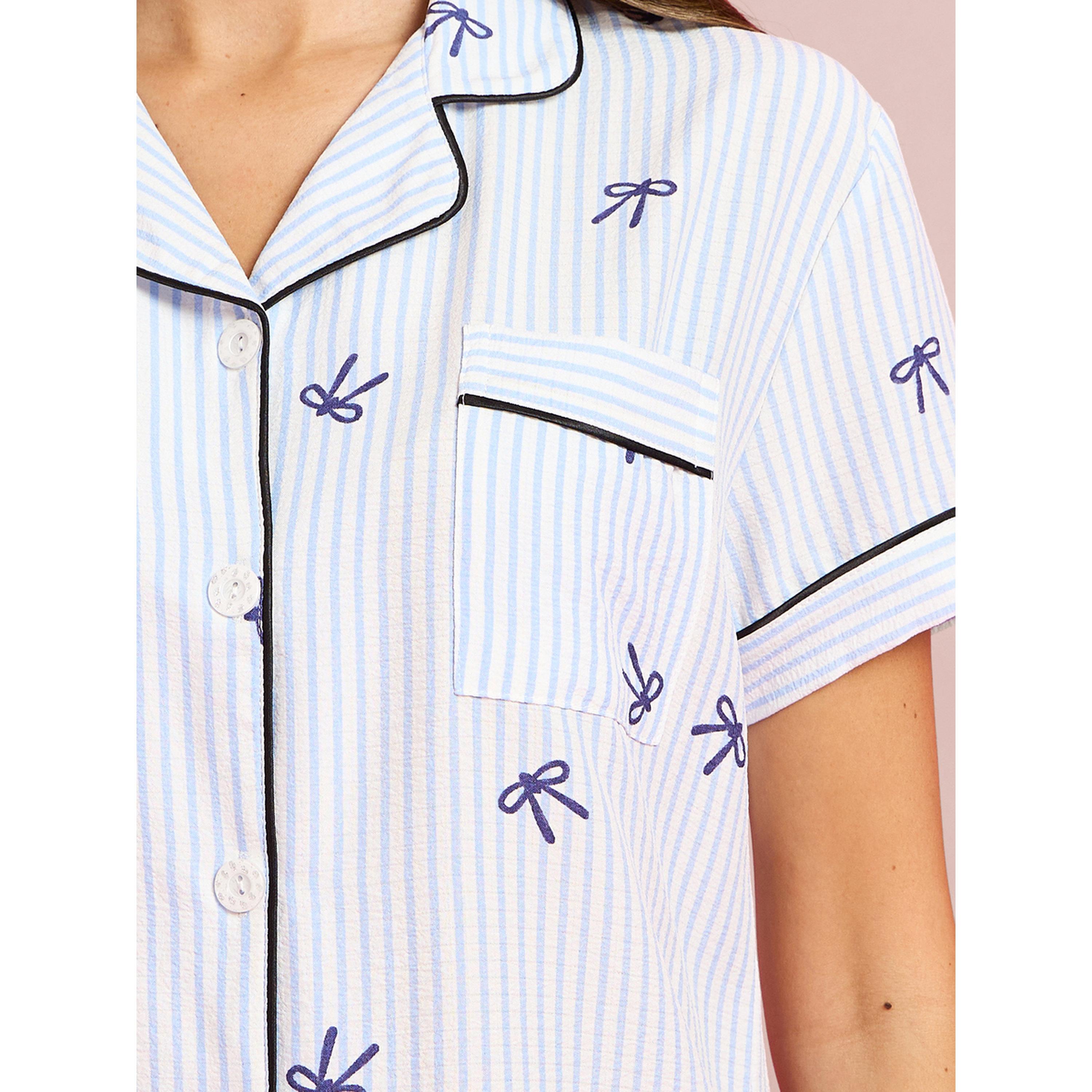 Styli Blue Contrast Trims Striped and Bow Print Shirt and Pants Pyjama Set-women-clothing-nightwear-pyjamas-longsets-image-6