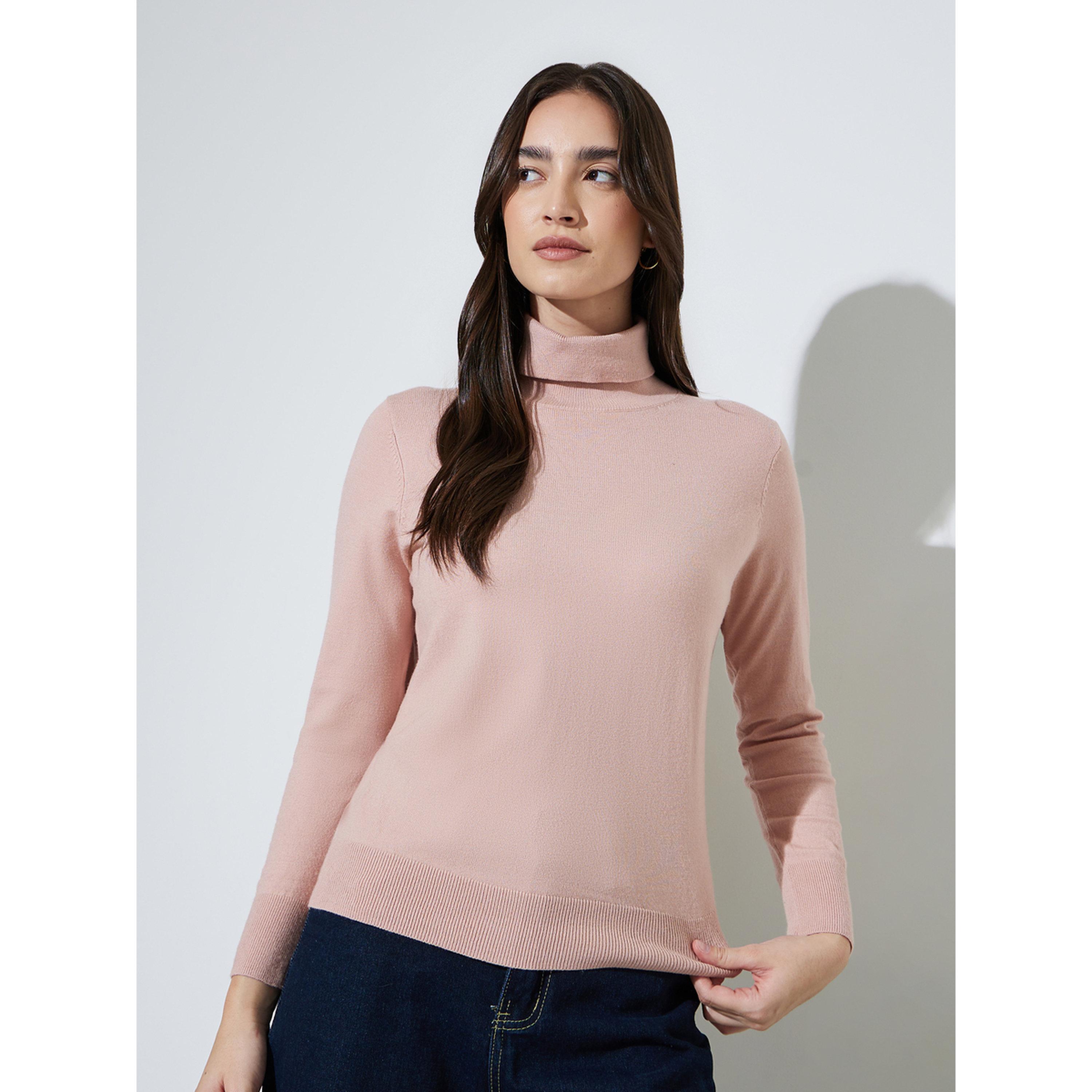 سويتر بياقة مرتفعة وقصة ضيقة بلون سادة-women-winterwear-cardigansandjumpers-jumpers-image-1